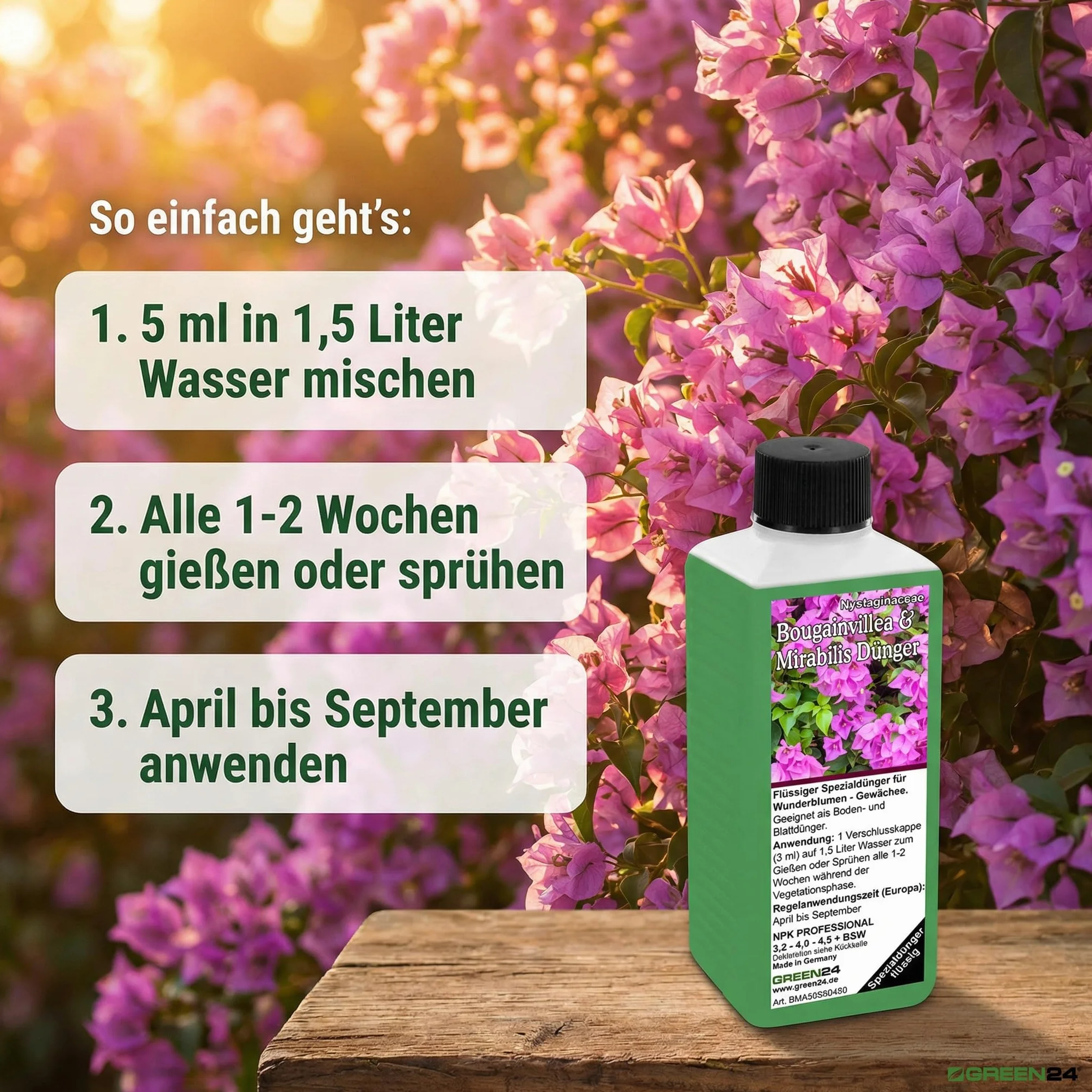 GREEN24 Bougainvillea & Mirabilis nawóz 250 ml – specjalny nawóz do mirabilis, drillingsblumen – śródziemnomorskich roślin doniczkowych, nawóz do kwiatów – płynny nawóz NPK do Nyctaginaceae – balkon