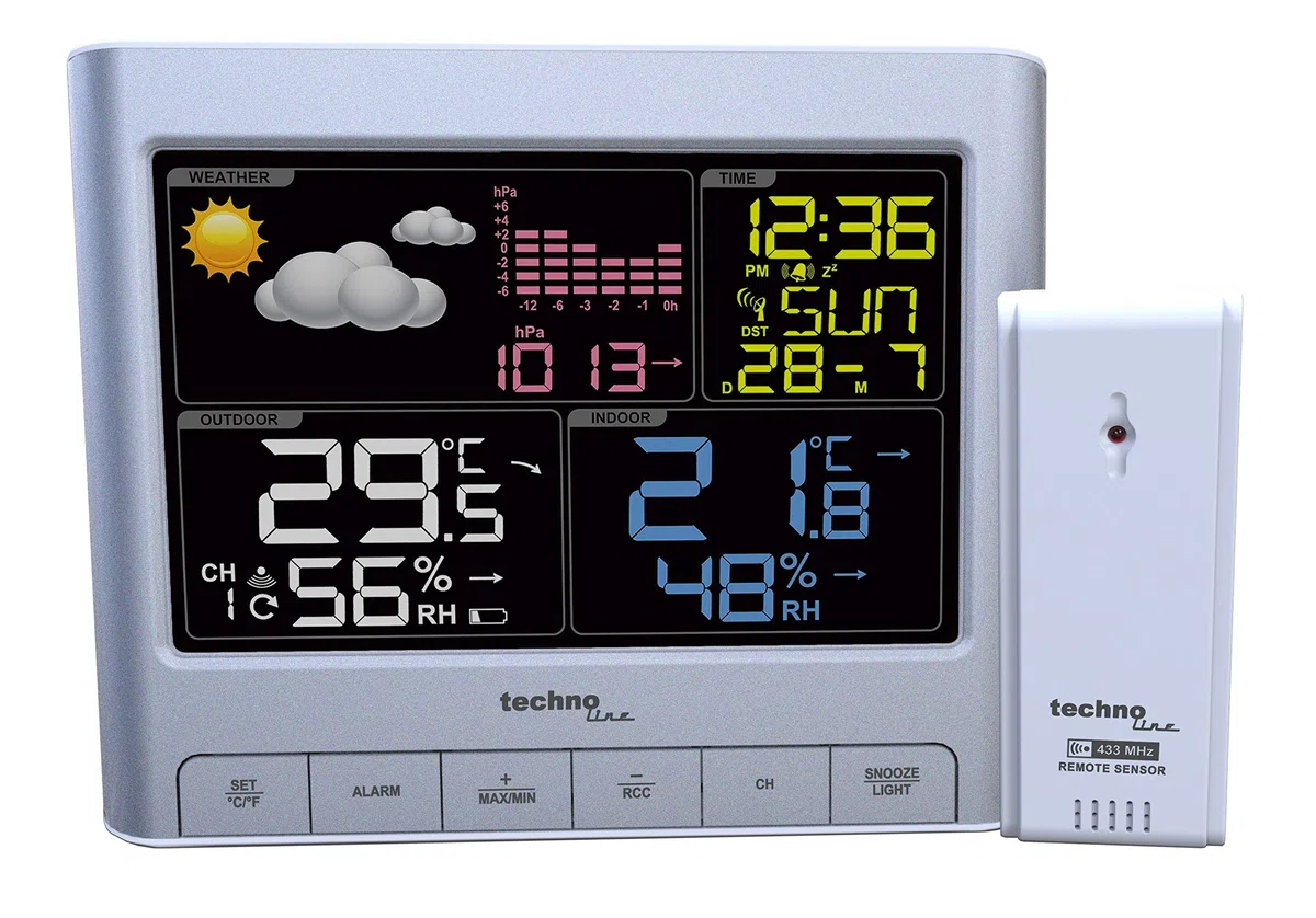 Technoline WS6449 WS 6449 nowoczesna stacja pogodowa ze wskaźnikiem LED, wskaźnik temperatury i ciśnienia powietrza, prognoza pogody za pomocą symboli pogody, srebrna, 15,9 x 4,3 x 13 cm