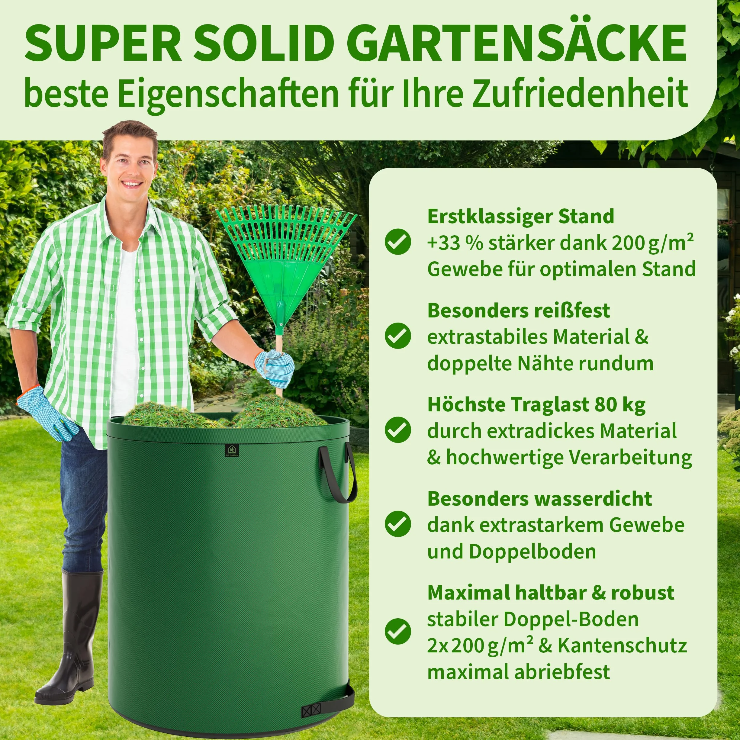 TTL Garden 2 x 500 l super solidny worek ogrodowy zielony – podwójne dno 2 x 200 g/m², bardzo stabilny i odporny na rozerwanie, wolnostojący, 4 uchwyty, duży, wytrzymały, zestaw 2 worków na liście