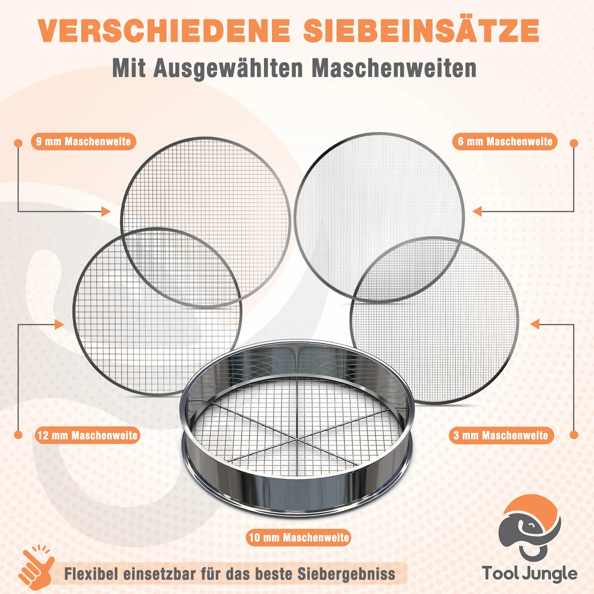 Sitko ogrodowe ze stali nierdzewnej 5 wkładów sitkowych Ø 3,5-12 mm do kompostu odporne na warunki atmosferyczne