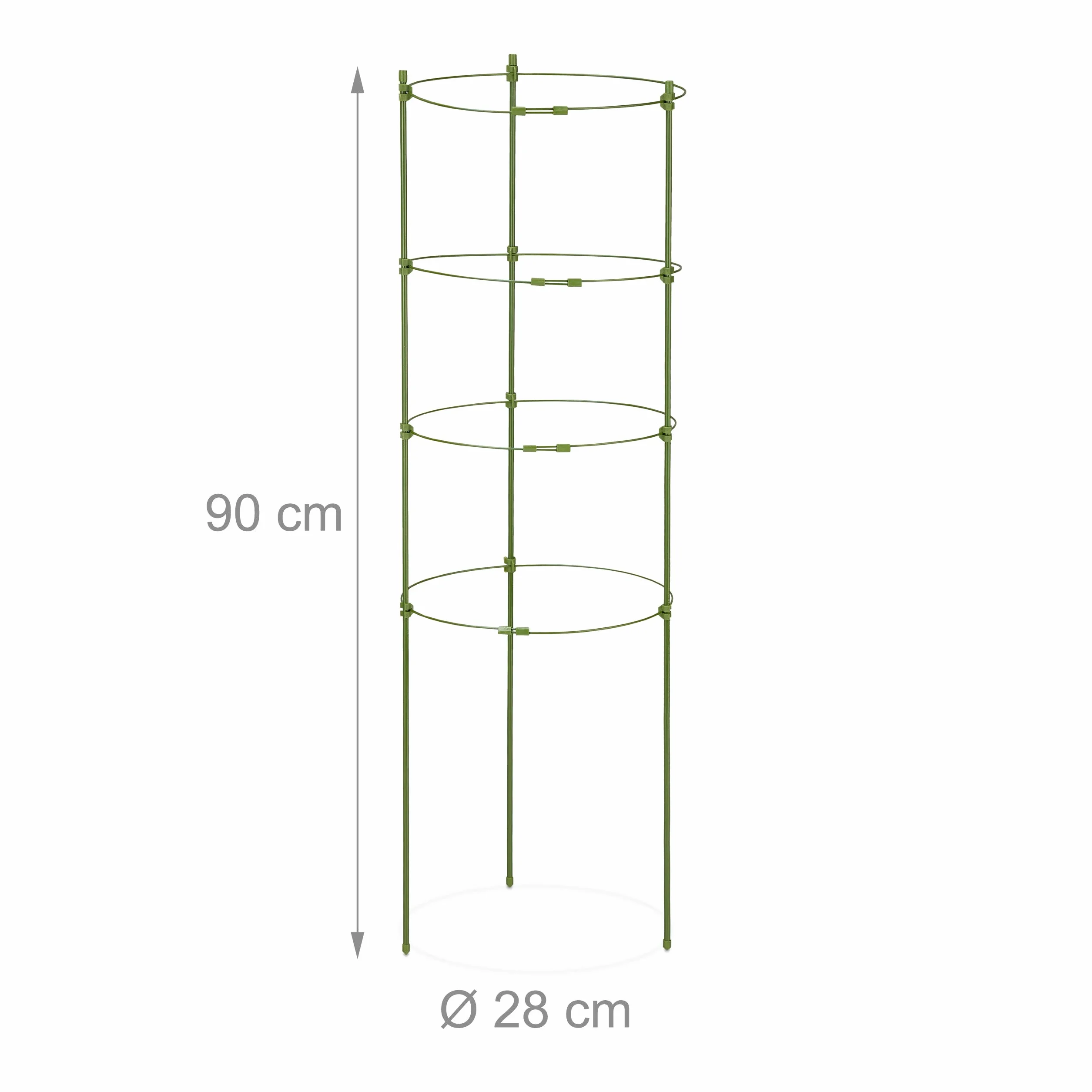 Relaxdays Podpora na rośliny pnące, zestaw 5 sztuk, 4 pierścienie, wys. x śr.: 90 x 28 cm, kwiaty i rośliny użytkowe, metal i tworzywo sztuczne, podpórka do roślin, zielona