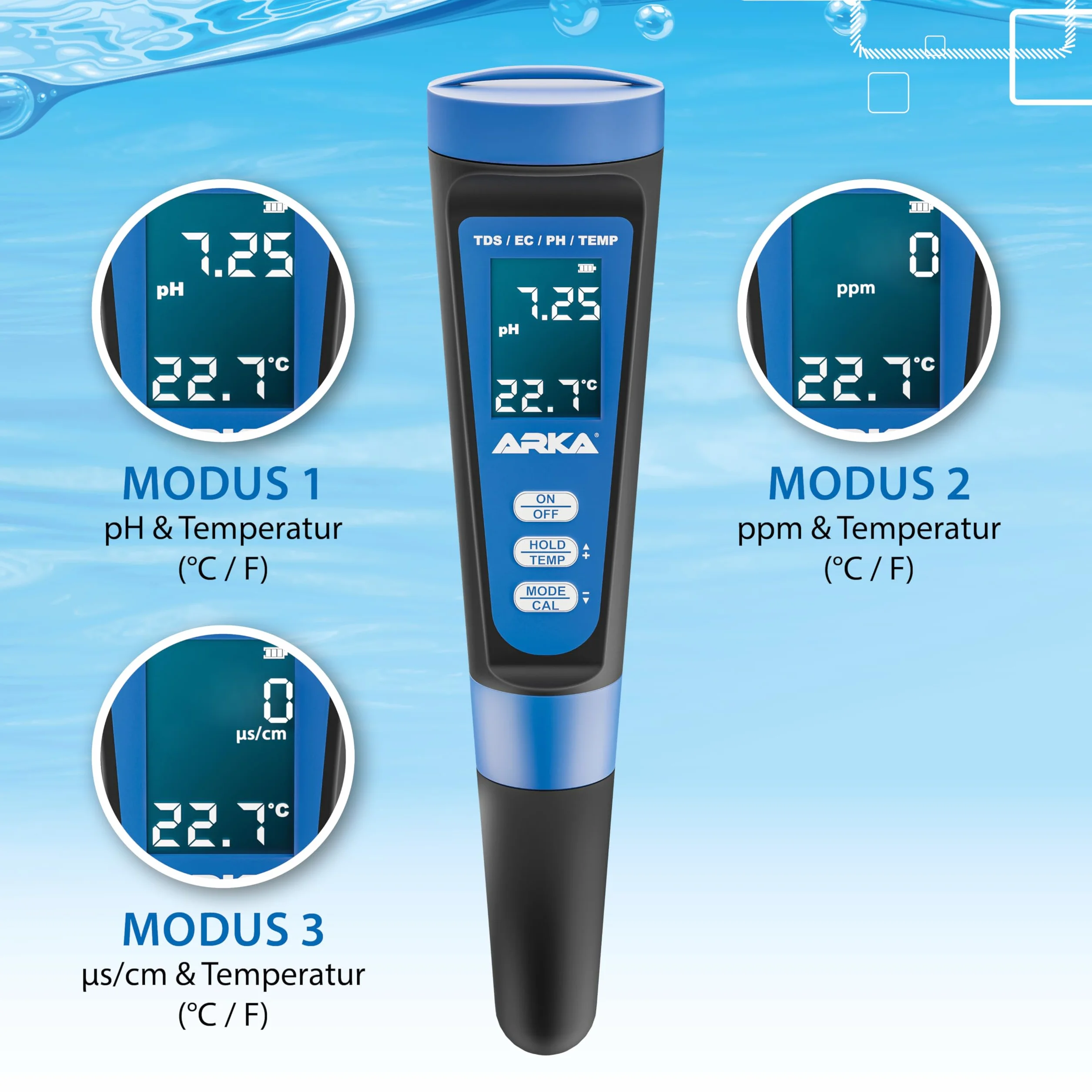 ARKA myAQUA pH/TDS/EC miernik jakości wody do pomiaru pH, TDS, EC i temperatury, w zestawie roztwór kalibracyjny, idealny do akwariów, basenów, stawów i wody pitnej
