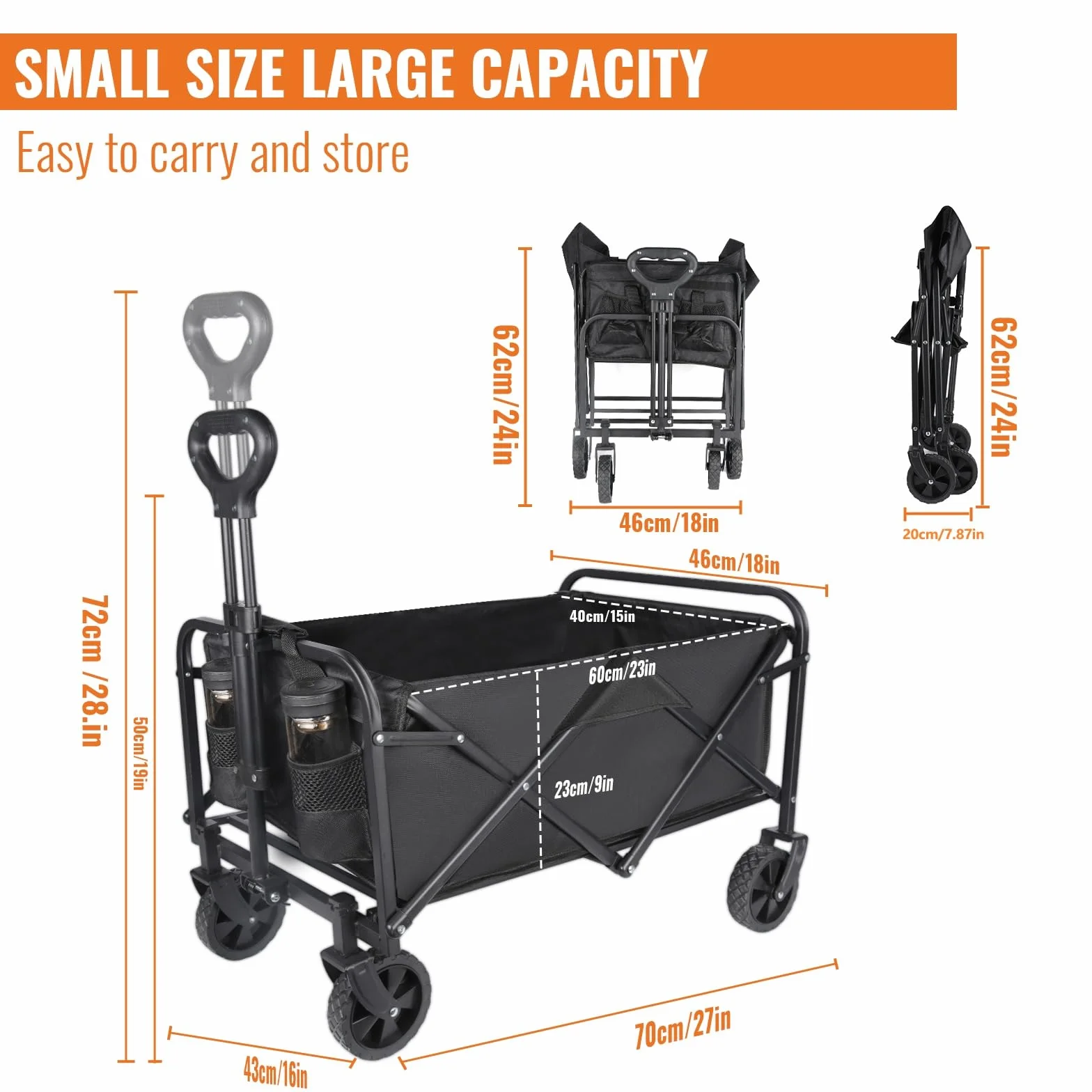 Wózek składany, 100 l, obciążenie 75 kg, koła balustrady 360°, 70 x 43 x 72 cm, składany wózek plażowy z 2 uchwytami na napoje, opony 10 cm, na kemping, plażę, zakupy (czarny)