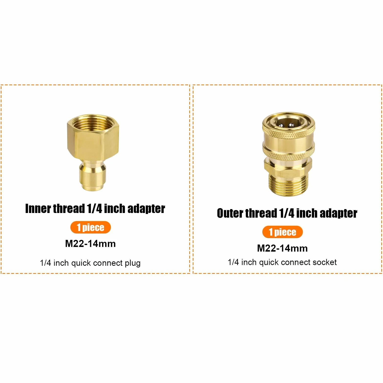 2 Szt. Zestawu Adapterów do Myjek Cisnieniowych M22-14mm do 1/4 Cala, Zestaw do Szybkiego Podlaczania i Odlaczania Myjek Cisnieniowych z Mosiadzu do Pompy Weza Myjki Cisnieniowej 5000 PSI