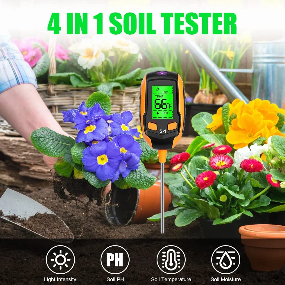 flintronic Tester gleby 4 w 1 pH-metr, cyfrowy tester z termometrem do roślin mierzący oświetlenie, temperaturę, PH, wilgotność gleby, miernik wilgotności do ogrodu 4 w 1, tester ziemi