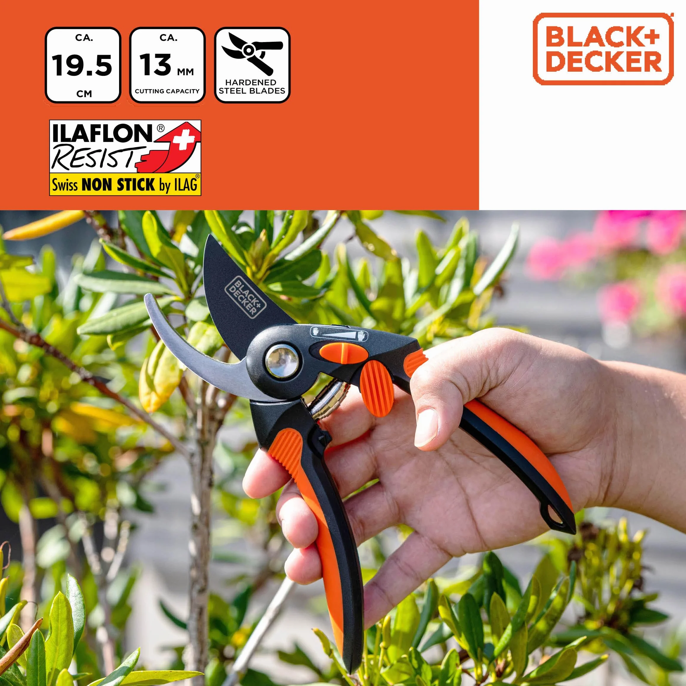 BLACK+DECKER Bypass sekator ogrodowy – wysokiej jakości stalowe ostrza – nożyce do gałęzi z ergonomicznym uchwytem – nożyce do przycinania drzew o pojemności 13 mm – czarne/pomarańczowe