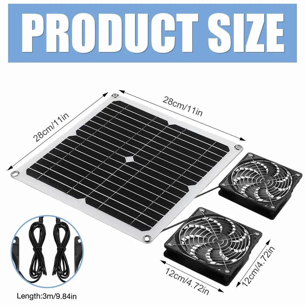 wentylator solarny 12 W, 2 sztuki, wentylator solarny z kablem o długości 3 m, wodoszczelny IP65, podwójny wentylator wydechowy, wentylator solarny do szklarni, kurnika, domku ogrodowego, szopy