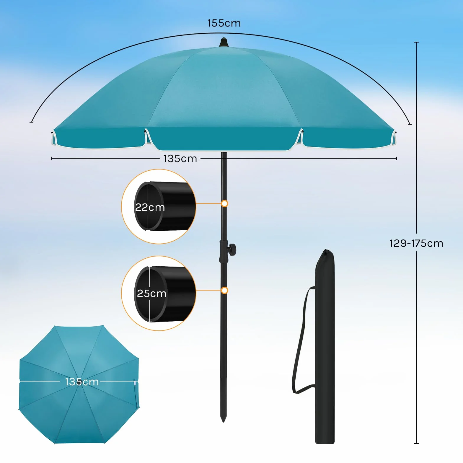 WOLTU Parasol przeciwsłoneczny, na plażę, odporny na działanie promieni UV, wodoszczelny, z regulacją wysokości, możliwość zginania w zakresie 45°, ochrona przed słońcem, na balkon, taras, plażę, do