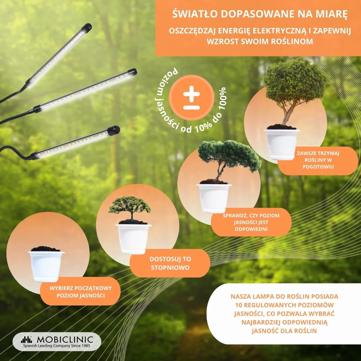 Mobiclinic Lampa Roślinna LED Growflex X3 60W Pełne Spektrum 6000K 10 Poziomów Jasności Obrót 360°