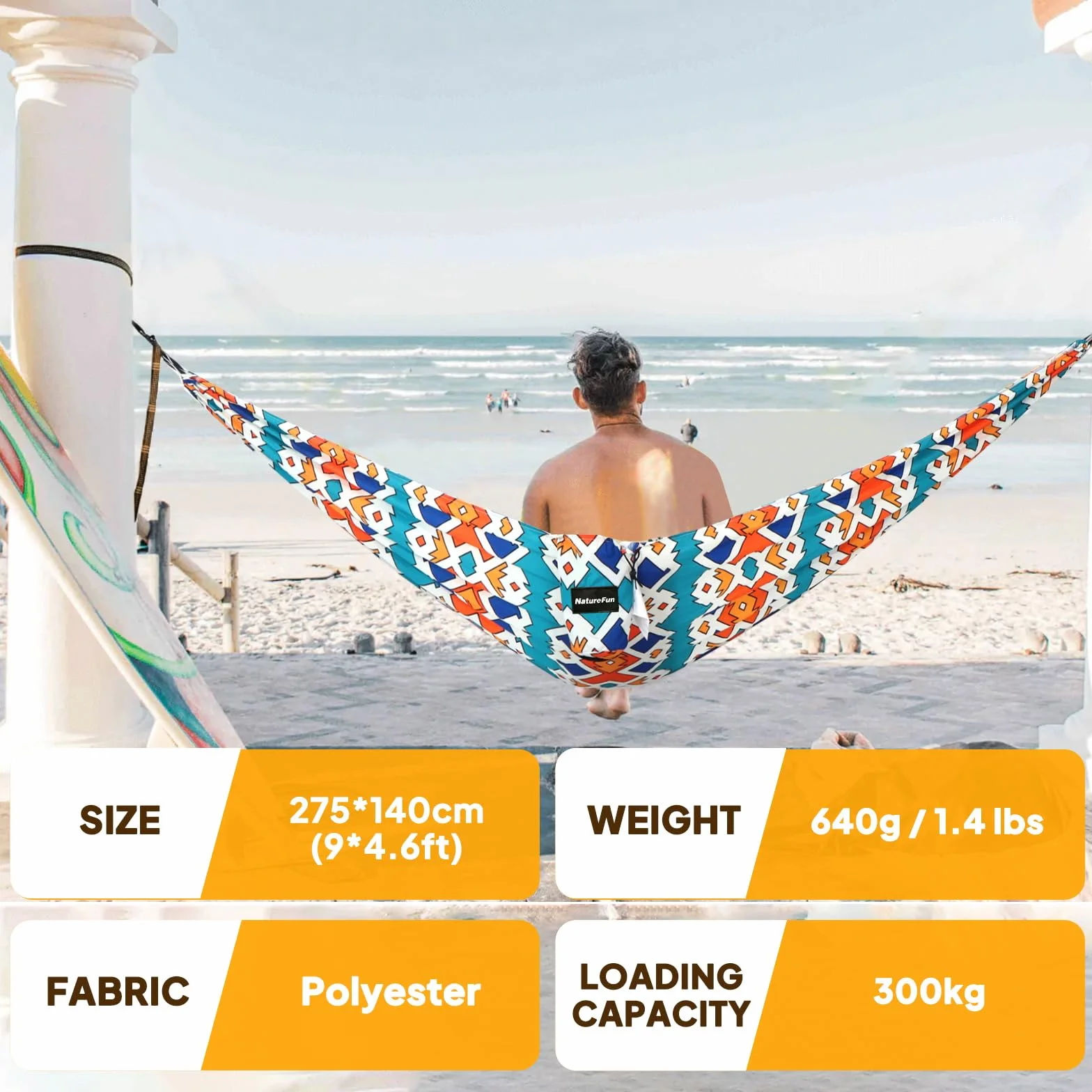 NATUREFUN Ultralekki podróżny hamak kempingowy, nośność 300 kg (275 x 140 cm), oddychający, szybkoschnący hamak, 2 x karabińczyk premium, 2 x pętelki w zestawie, do użytku na zewnątrz, w ogrodzie