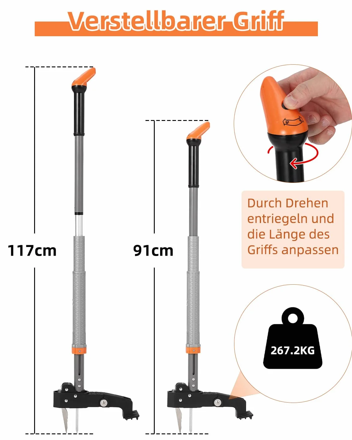 HAUSPROFI Wycinacz do chwastów z trzonkiem teleskopowym (długość 91 cm – 117 cm) + worek ogrodowy 50 l, z 4 pazurami ze stali nierdzewnej, automatyczne odwracanie