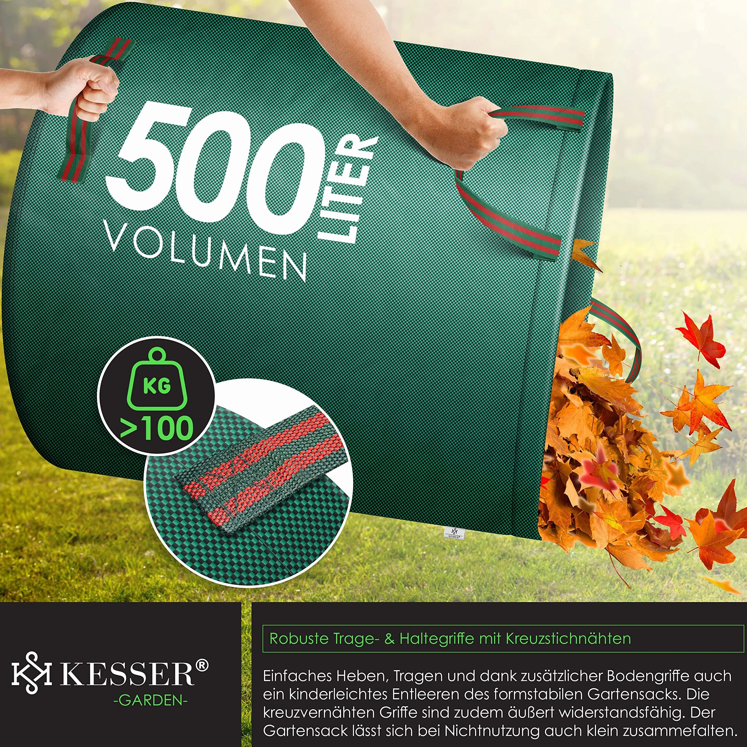 KESSER® Worek ogrodowy, 6 x 500 l, worek na odpady ogrodowe, worek na odpady ogrodowe, w zestawie z rękawicami – wolnostojący, 4 uchwyty, stabilny, wytrzymały i składany – worki na liście do cięcia
