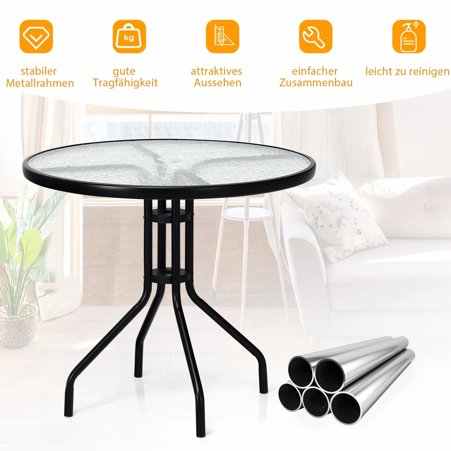 COSTWAY Stół ogrodowy z blatem z hartowanego szkła, 70 x 70 x 71 cm, stół tarasowy z otworem na parasol i metalową ramą, okrągły stół balkonowy, stół do jadalni na podwórko, taras, do ogrodu