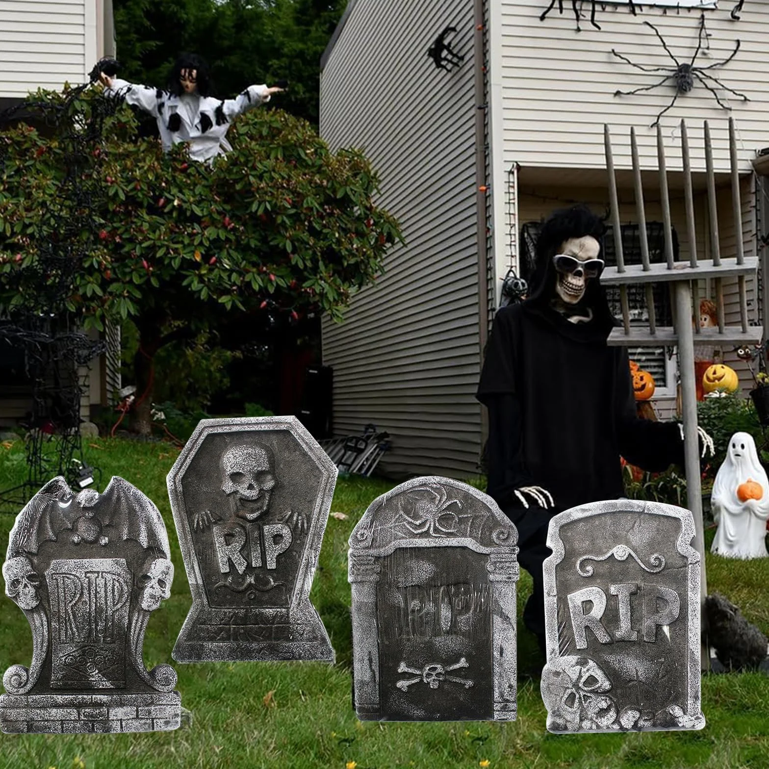 POPOYU 4-pak piankowych kamieni nagrobnych Halloween dekoracje ogrodowe nagrobki vintage