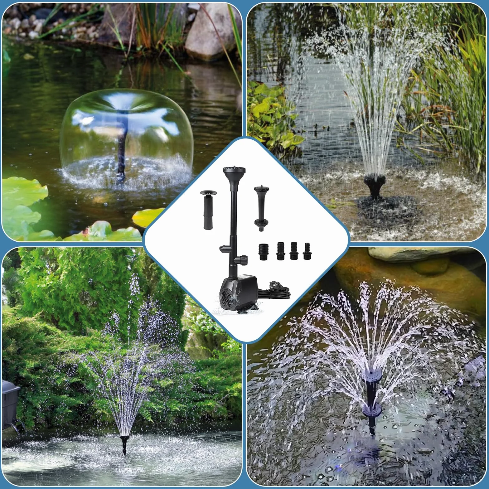 EXLECO pompa do oczka wodnego, 2500 l/h, 45 W, 2,5 m, 4 dysze, 3 style fontanny, metalowa pompa dekoracyjna do fontanny, fontanny, zbiornika, filtr do akwarium