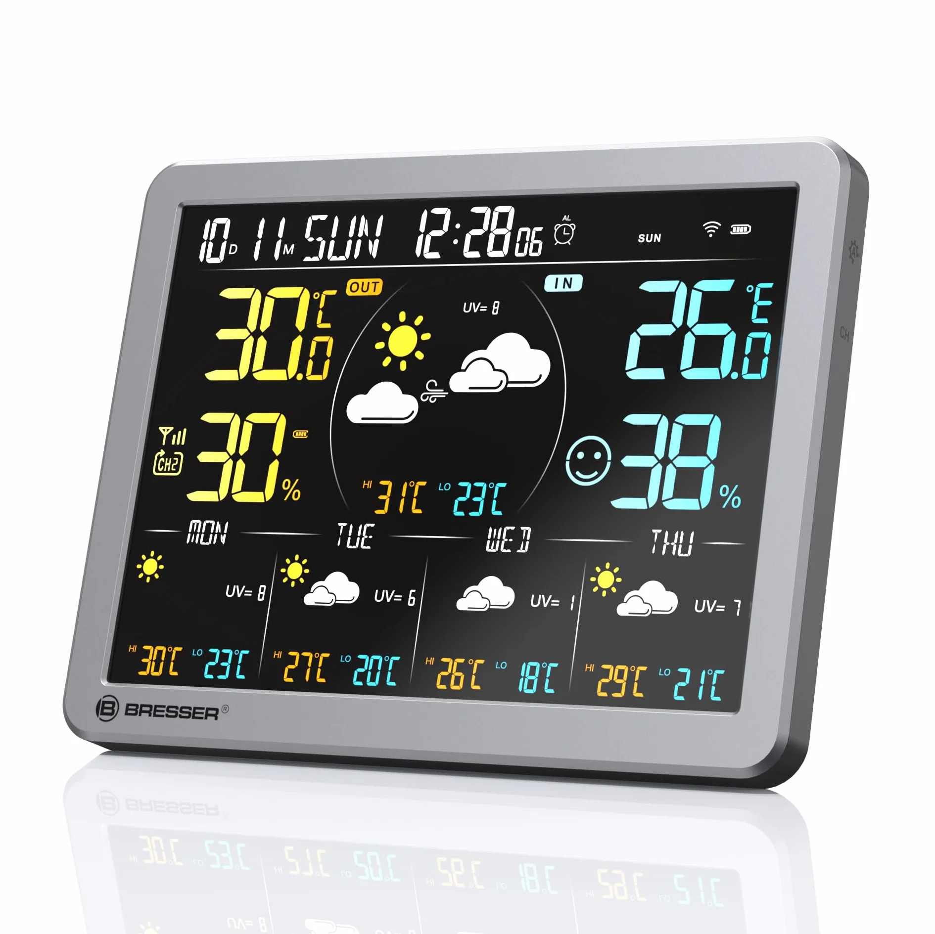 Bresser Stacja pogodowa Wi-Fi z aplikacją do Tuya Smart Home, 5-dniowa prognoza, termohigrosensor, przebieg, wskaźnik komfortu, budzik, funkcja ostrzegawcza