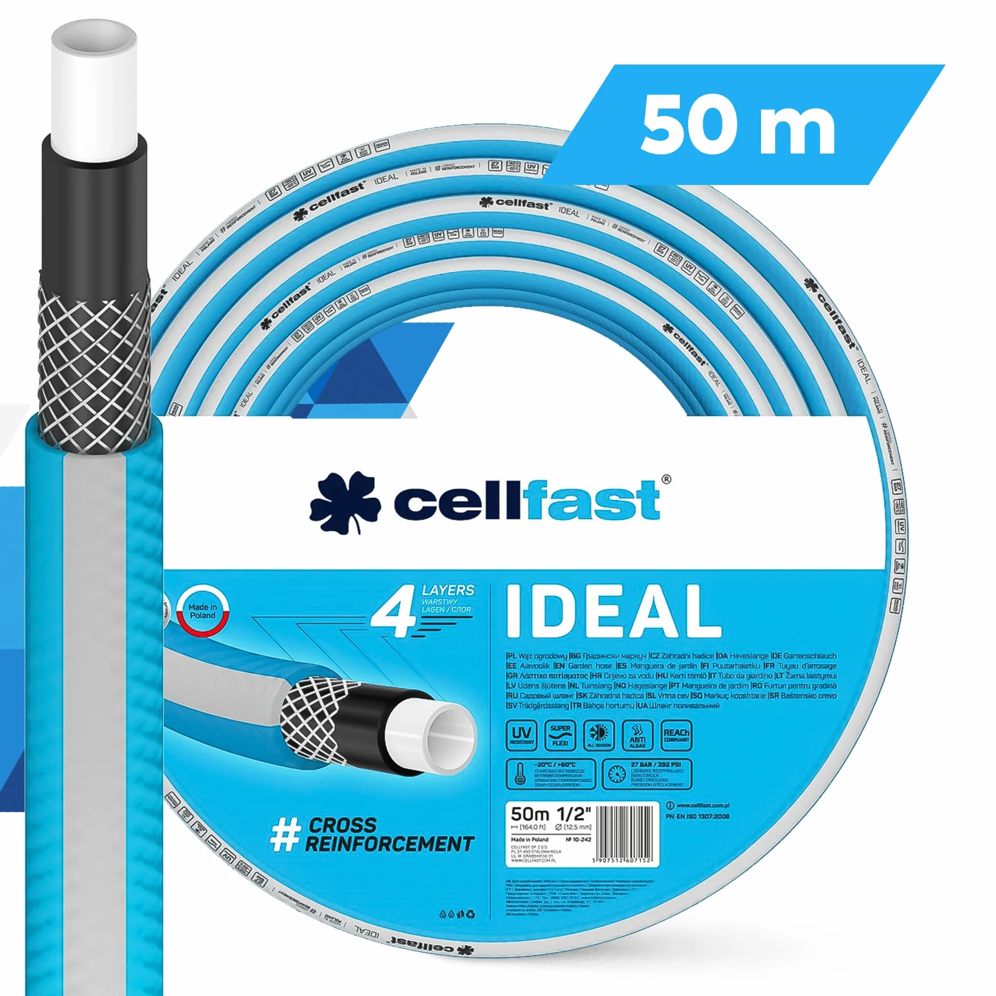 CELLFAST Bęben na wąż 1/2" 50 m z słuchawką ogrodową i zestawem przyłączeniowym | wąż ogrodowy, bęben zwijacz węża wodnego 1/2 cala | wózek na wąż z wężem, elastyczny, zapobiegający skręcaniu się
