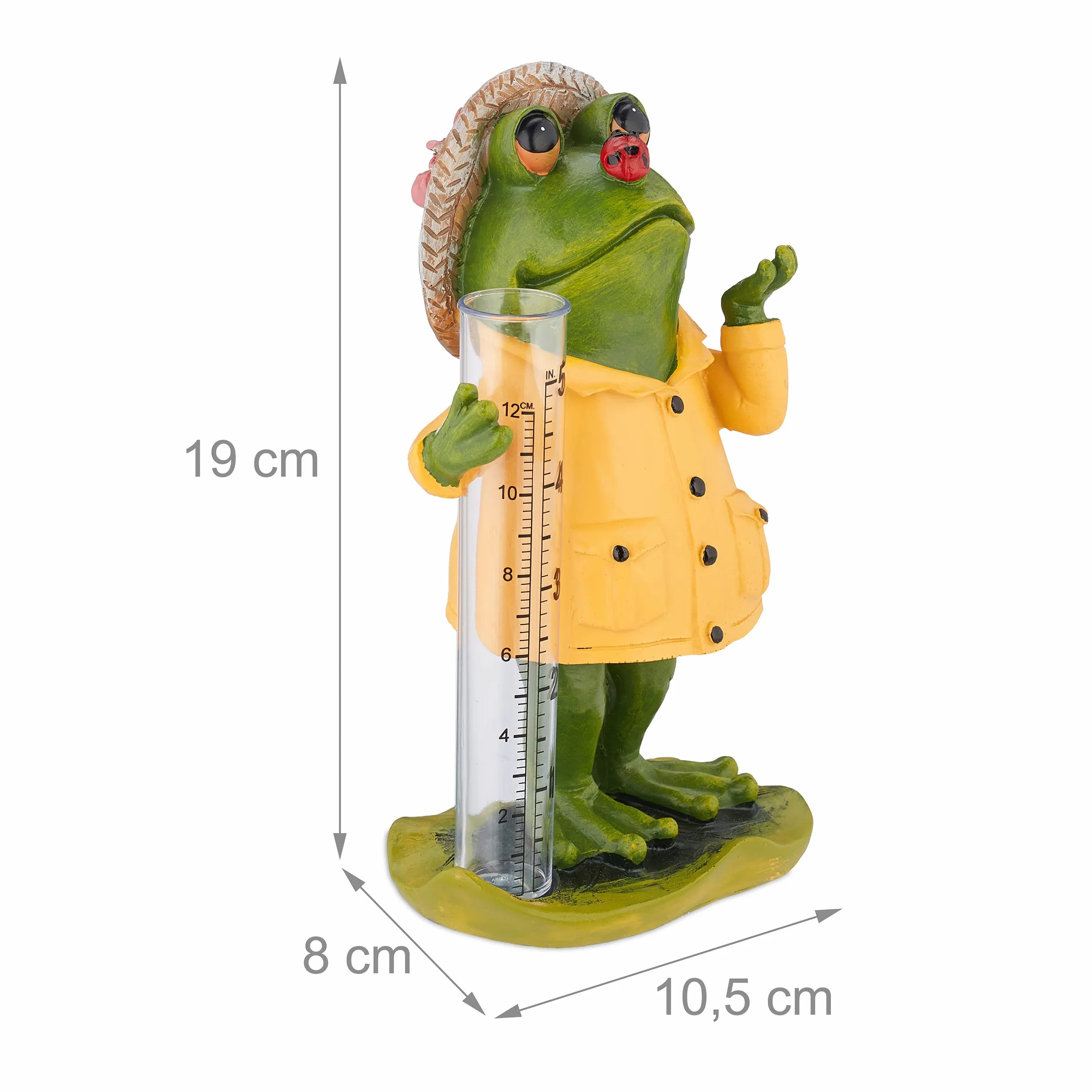 Relaxdays Deszczomierz żaba, odporny na warunki atmosferyczne, analogowy wskaźnik deszczu, wys. x szer. x gł.: 19 x 10,5 x 8 cm, dekoracja ogrodowa, kolorowy