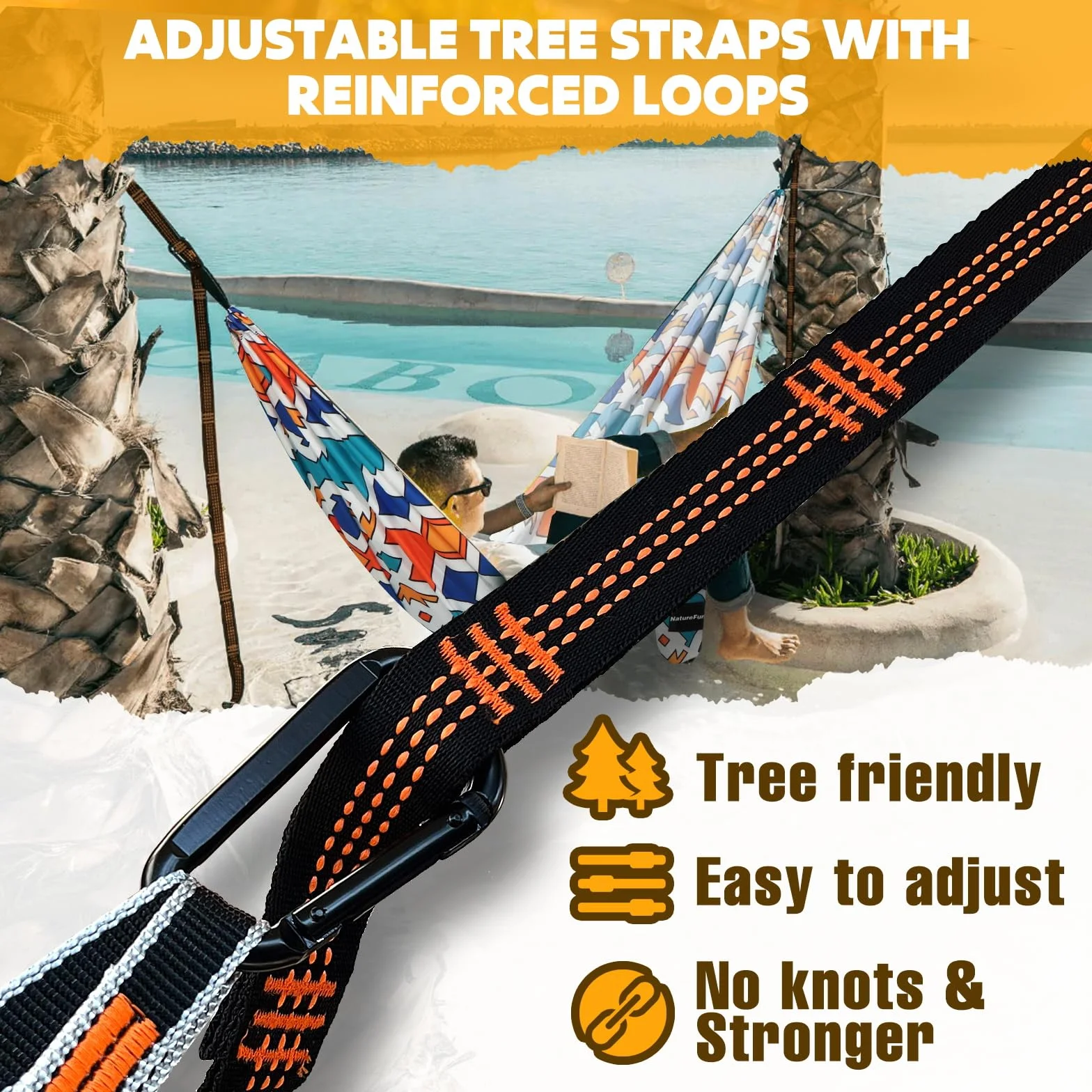 NATUREFUN Ultralekki podróżny hamak kempingowy, nośność 300 kg (275 x 140 cm), oddychający, szybkoschnący hamak, 2 x karabińczyk premium, 2 x pętelki w zestawie, do użytku na zewnątrz, w ogrodzie