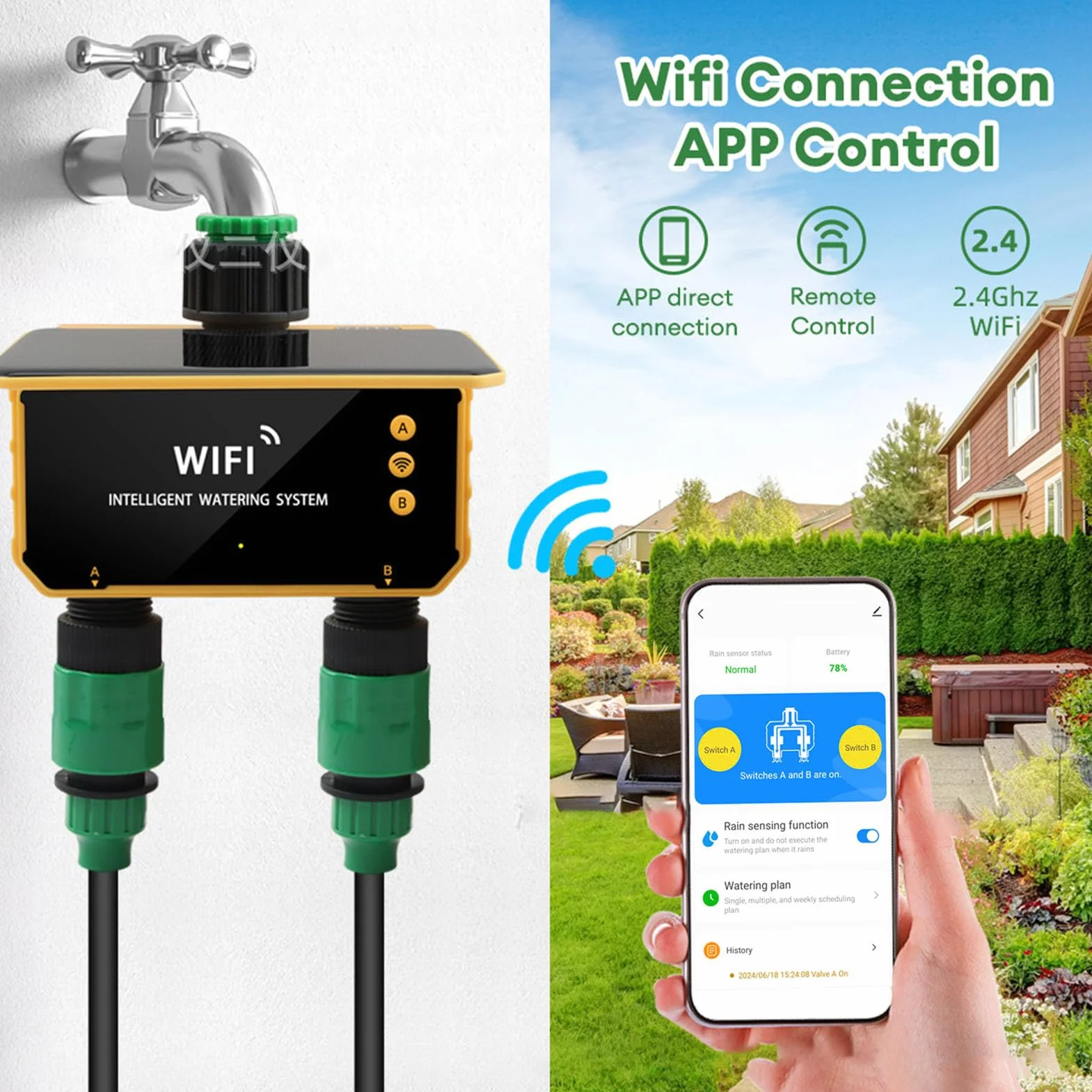 Tonysa Solar Watering Timer z Czujnikiem Deszczu i Sterowanie Wi-Fi, Inteligentny Kontroler Nawadniania do Ogrodu, Automatyczny System Podlewania z 2 Punktami Sprzedaży i wbudowaną Akumulator