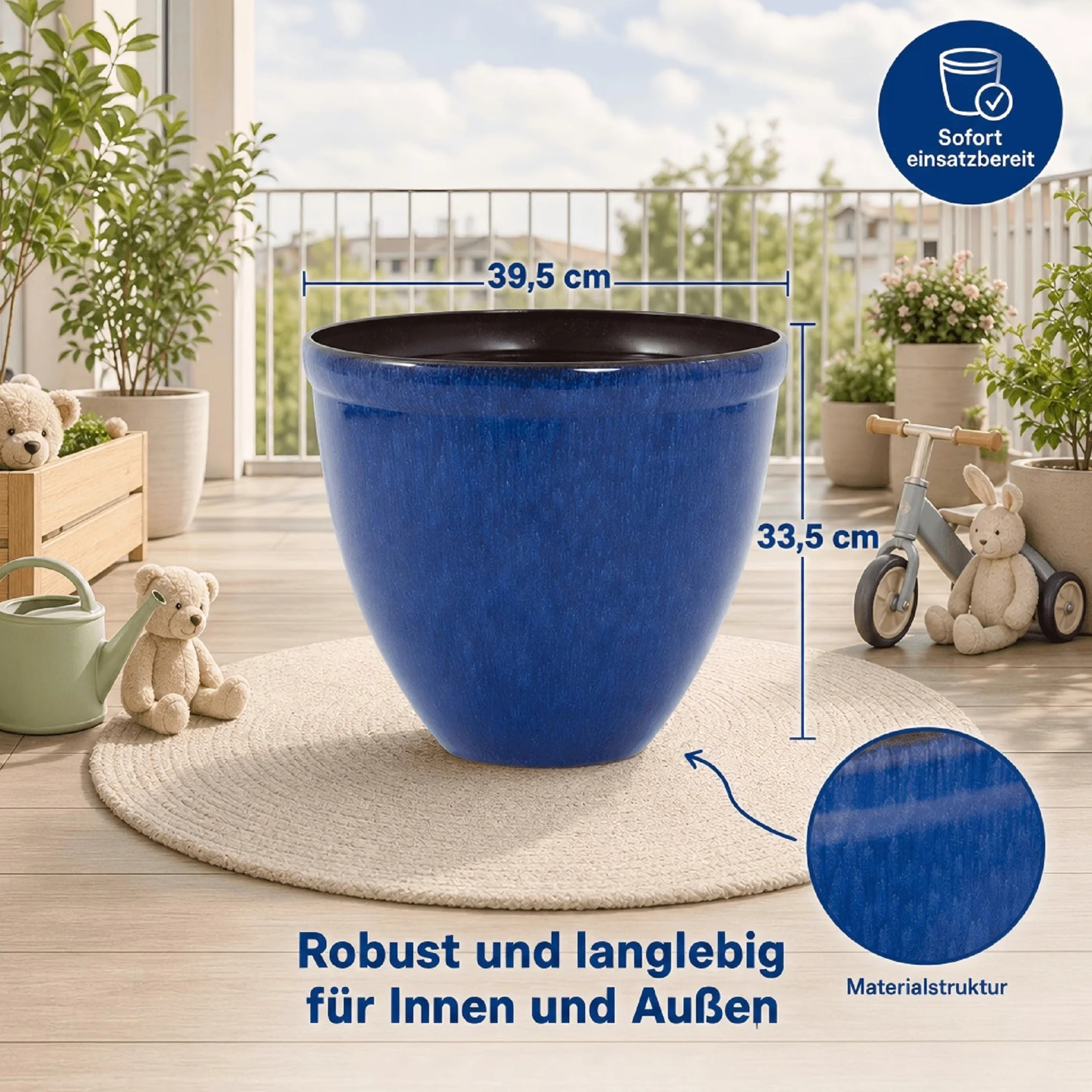 Doniczka do roślin z błyszczącego plastiku z efektem ceramicznym | Design Santorini | Jun glazura niebieski Ø 39,5cm x H 33,5cm