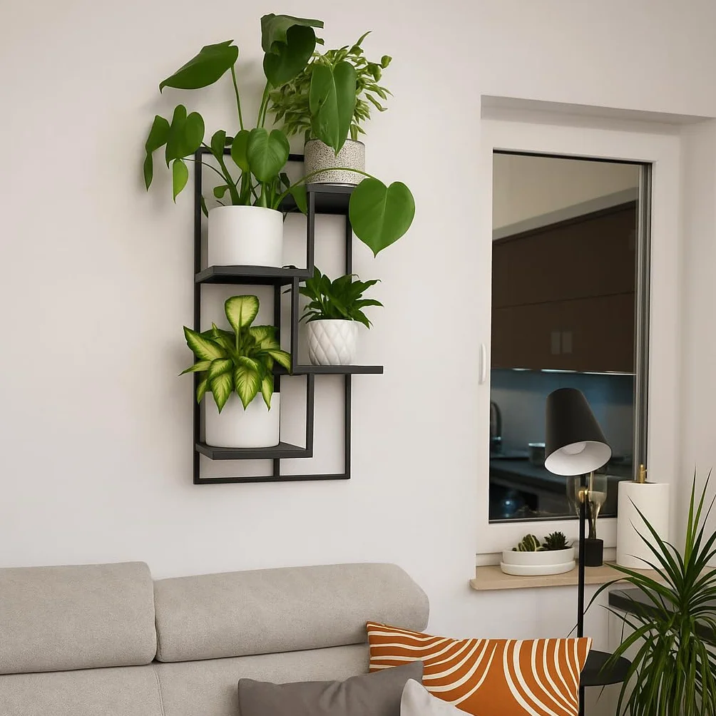 Naścienna Półka na Rośliny - Wiszący Stojak na Kwiaty - Wykonany z Metalu - Nowoczesny Dekor Ścienny do Salonu, Pokoju Nastolatka, Sypialni, Kuchni - 38x20x80cm - QUATTRO RIPIANI Czarny