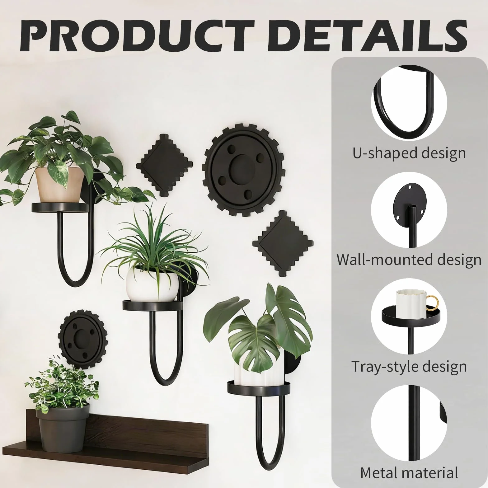 3 Sztuki Półek Ściennych na Rośliny, Nowoczesny Design w Kształcie Litery U, Kwietnik z Metalu w Kolorze Czarnym, Stojak Wiszący do Doniczek i Dekoracji, Idealny do Balkonu Lub Okna i Salonu