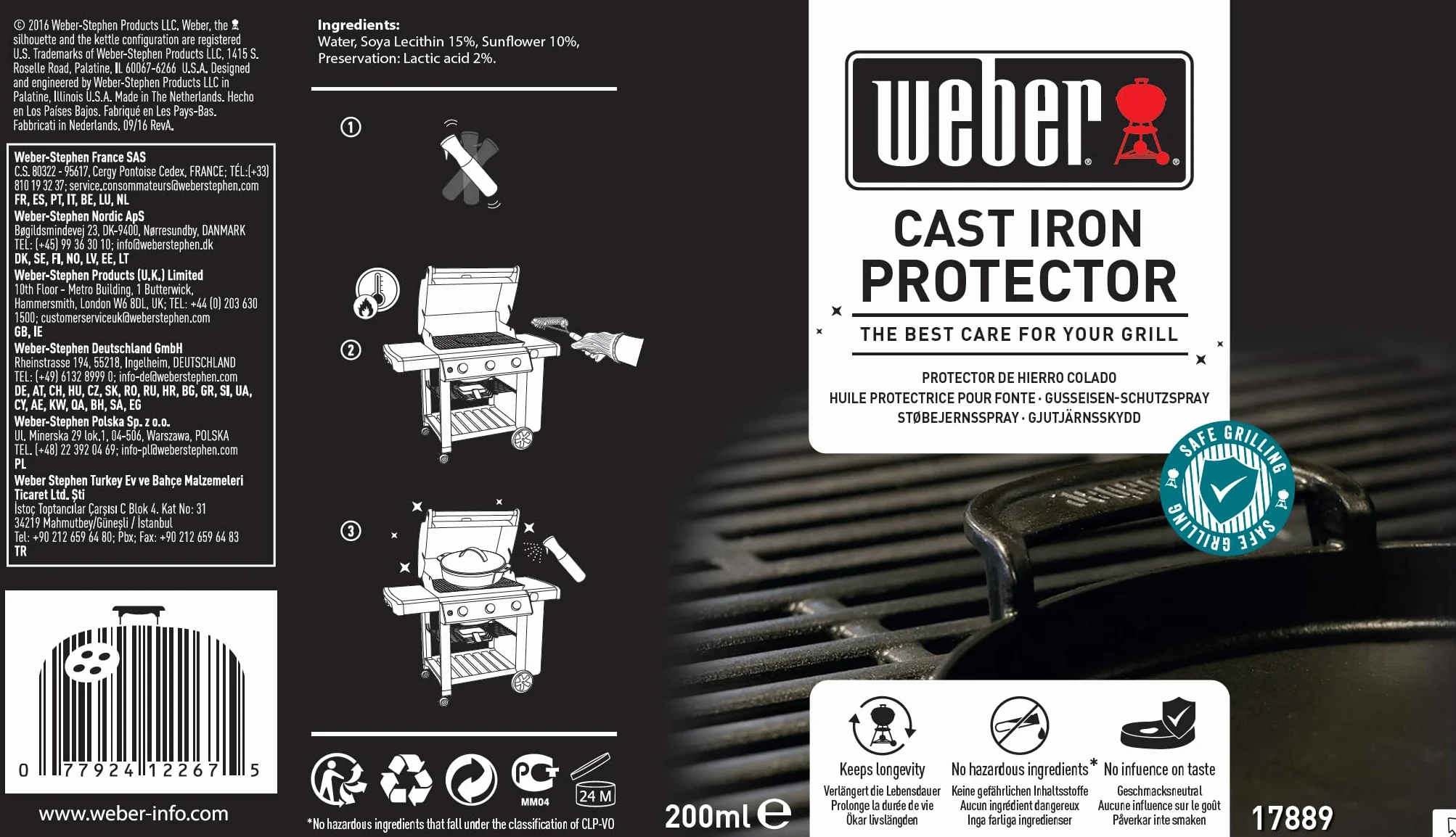 Weber Spray ochronny do żeliwa 200ml, delikatny spray mgiełkowy, Chroni ruszty grillowe i inne elementy żeliwne przed rdzą, Bez substancji szkodliwych, Neutralny w smaku (17889)