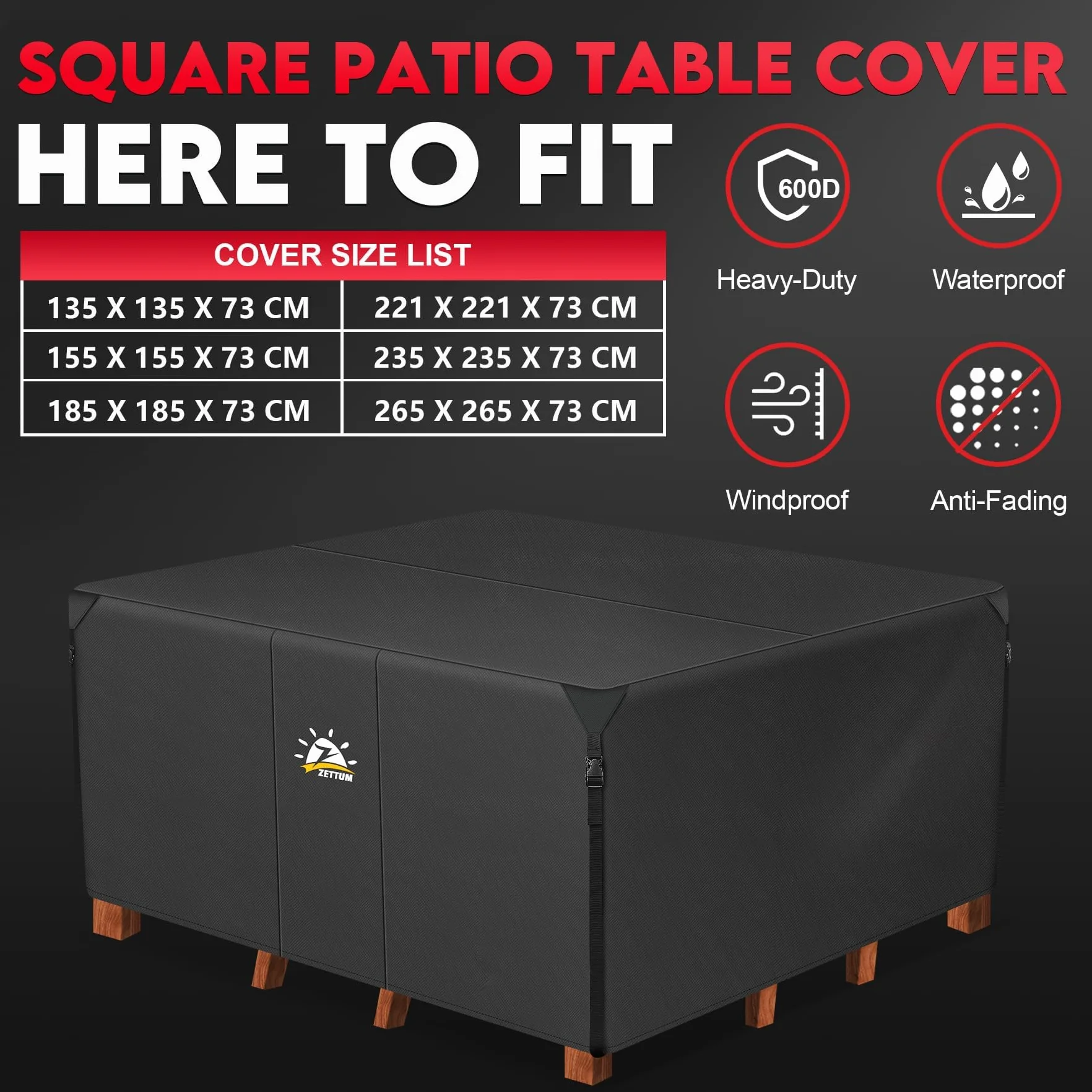 Zettum Pokrowiec na Meble Ogrodowe Kwadratowy 140 x 140 x 73 CM 600D Wodoodporny
