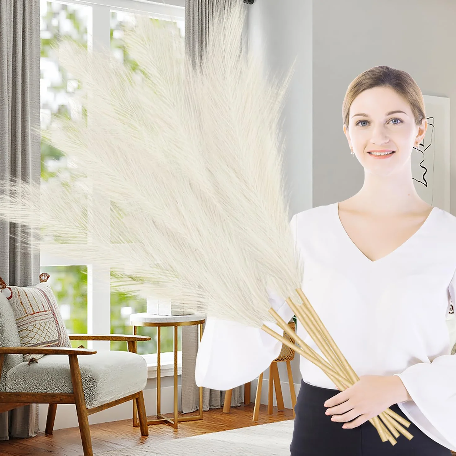 7 łodyg, sztuczna trawa pampasowa, dekoracja, wysoka trawa pampasowa, na podłogę, puszysta, sztuczna trawa pampasowa, do dekoracji ślubnej w stylu boho, do domu, 100 cm, beżowa