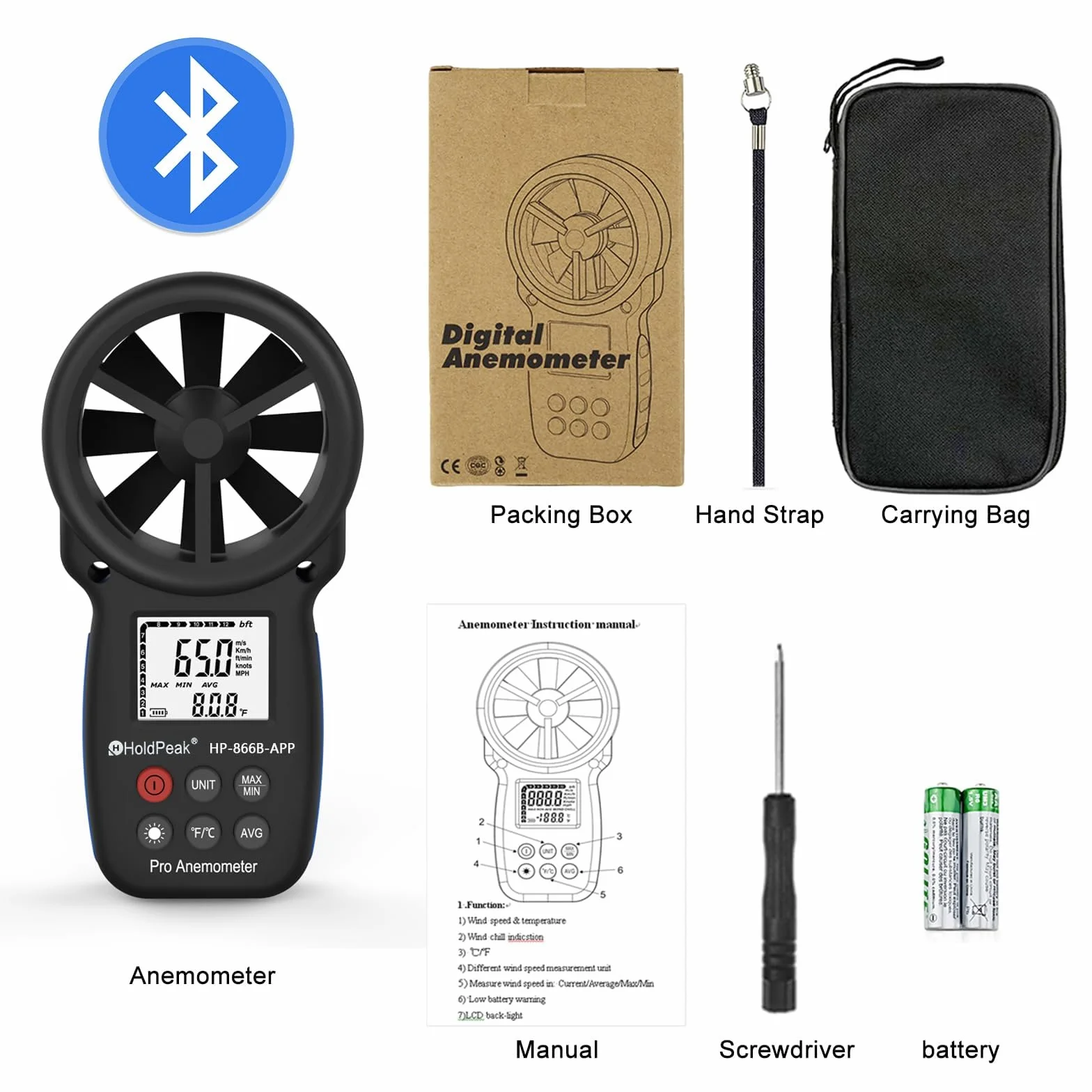 HoldPeak Cyfrowy anemometr HP-866B-APP Prędkość wiatru Bluetooth