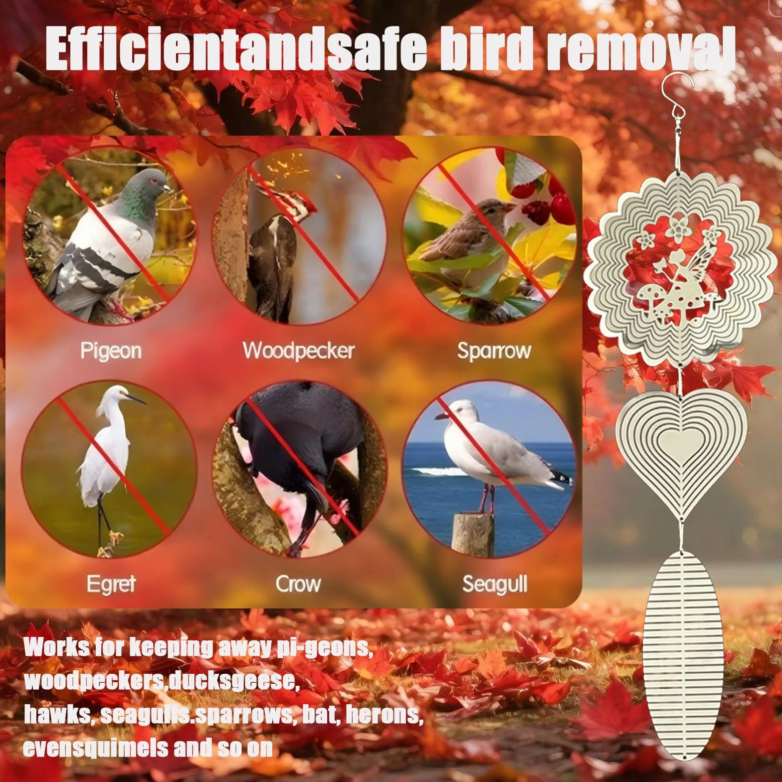 Dzwonki wietrzne 3D, srebrny, stal nierdzewna, metalowy spinner wiszący w kształcie serca, odstraszacz ptaków, do użytku na zewnątrz, wewnątrz, do salonu, na okno, korytarz, podwórko