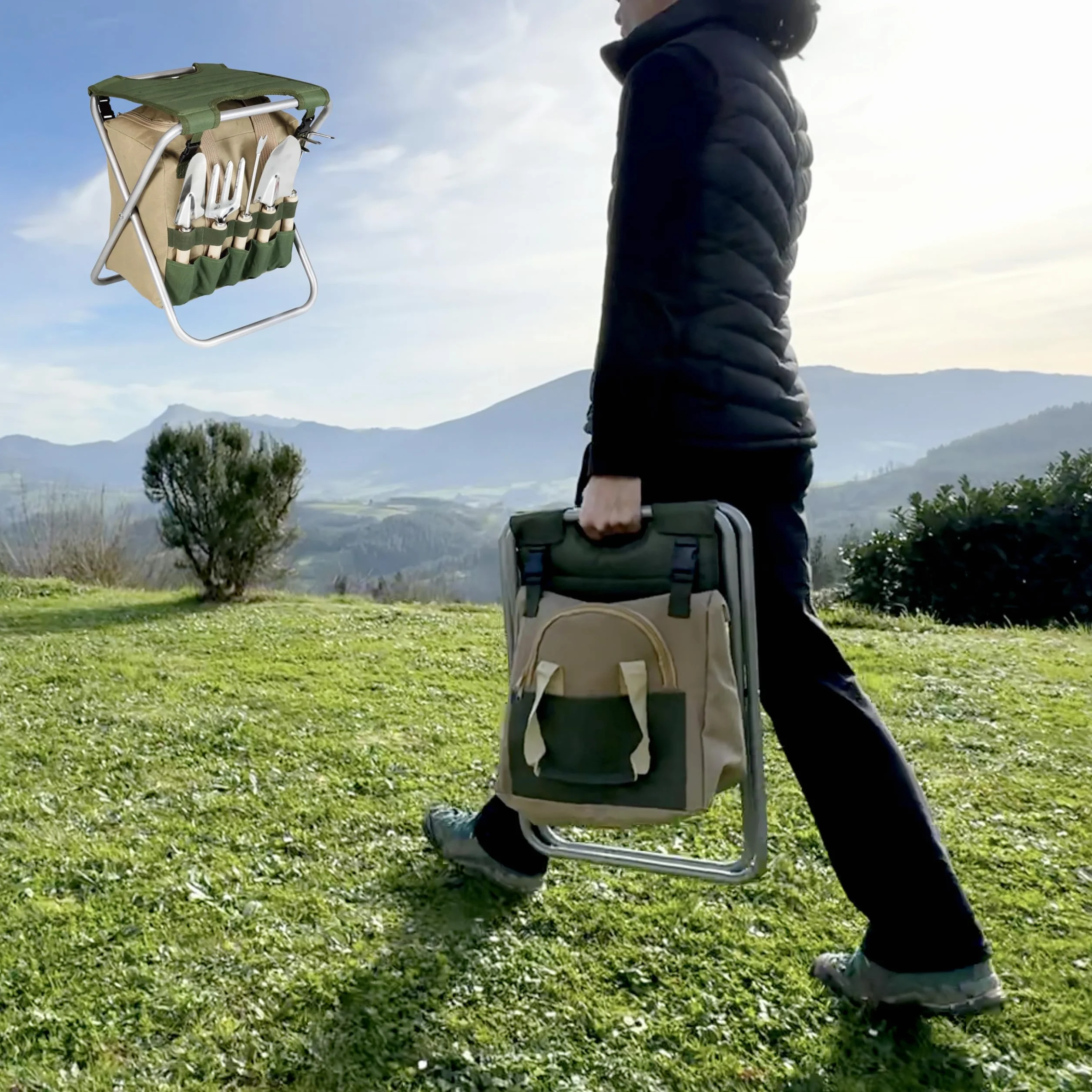 BIKAIN - Składany stołek ogrodowy - Zestaw narzędzi - Torba do przechowywania z zamkiem błyskawicznym - Zawiera 5 narzędzi z drewnianym uchwytem