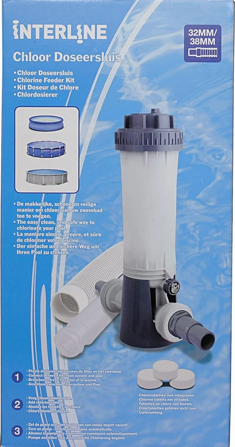 Automatyczny dozownik chloru do basenu, śluza chemiczna, przyłącze 32-38 mm, szaro-biały