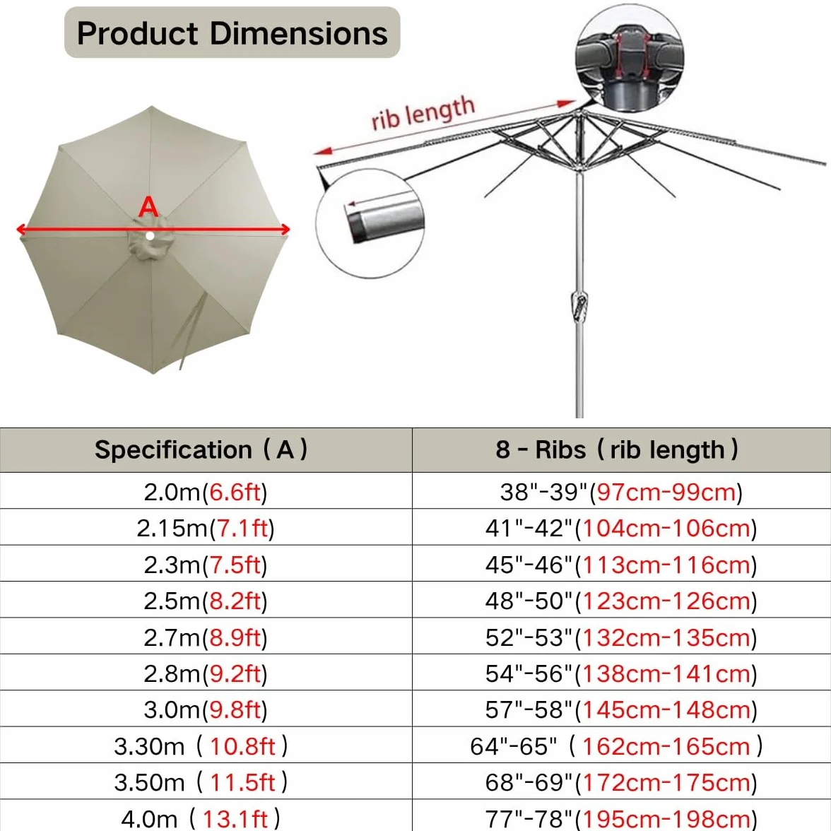 Zamienne Poszycie Parasola do Ogrodu na Patio przy Basenie, 2m 2.3m 2.7m 3.0m 4.0m Wodoodporny Pokrowiec na Parasol Plażowy z Ochroną UV, Zewnętrzna Osłona Przeciwsłoneczna
