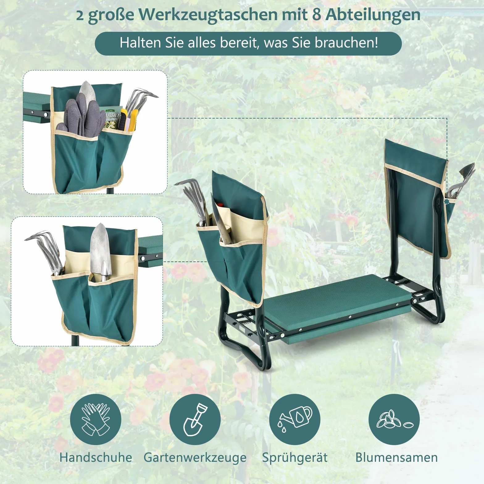 GOPLUS Ławka na kolana, stołek roboczy 2 w 1, składany taboret ogrodowy z torbą na narzędzia i poduszką piankową EVA, obciążenie do 150 kg, pomoc w kolanach do prac ogrodowych (z 2 kieszeniami na