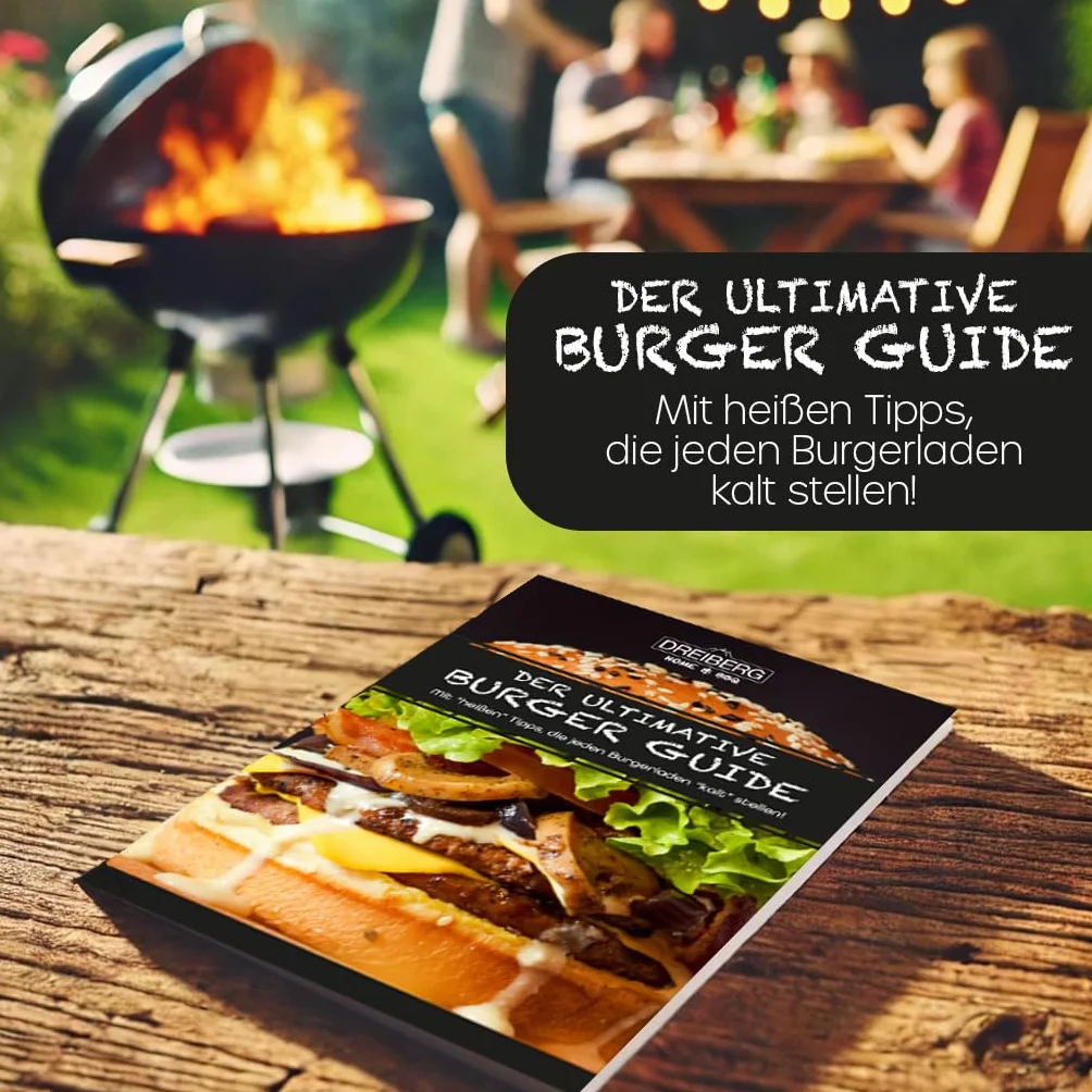 DREIBERG Zestaw do burgerów ze stali nierdzewnej wraz z szpatułką do grilla, dzwonkami do topienia, prasą do burgerów, smasher, posypką przypraw, książką z przepisami i papierem do pieczenia (9