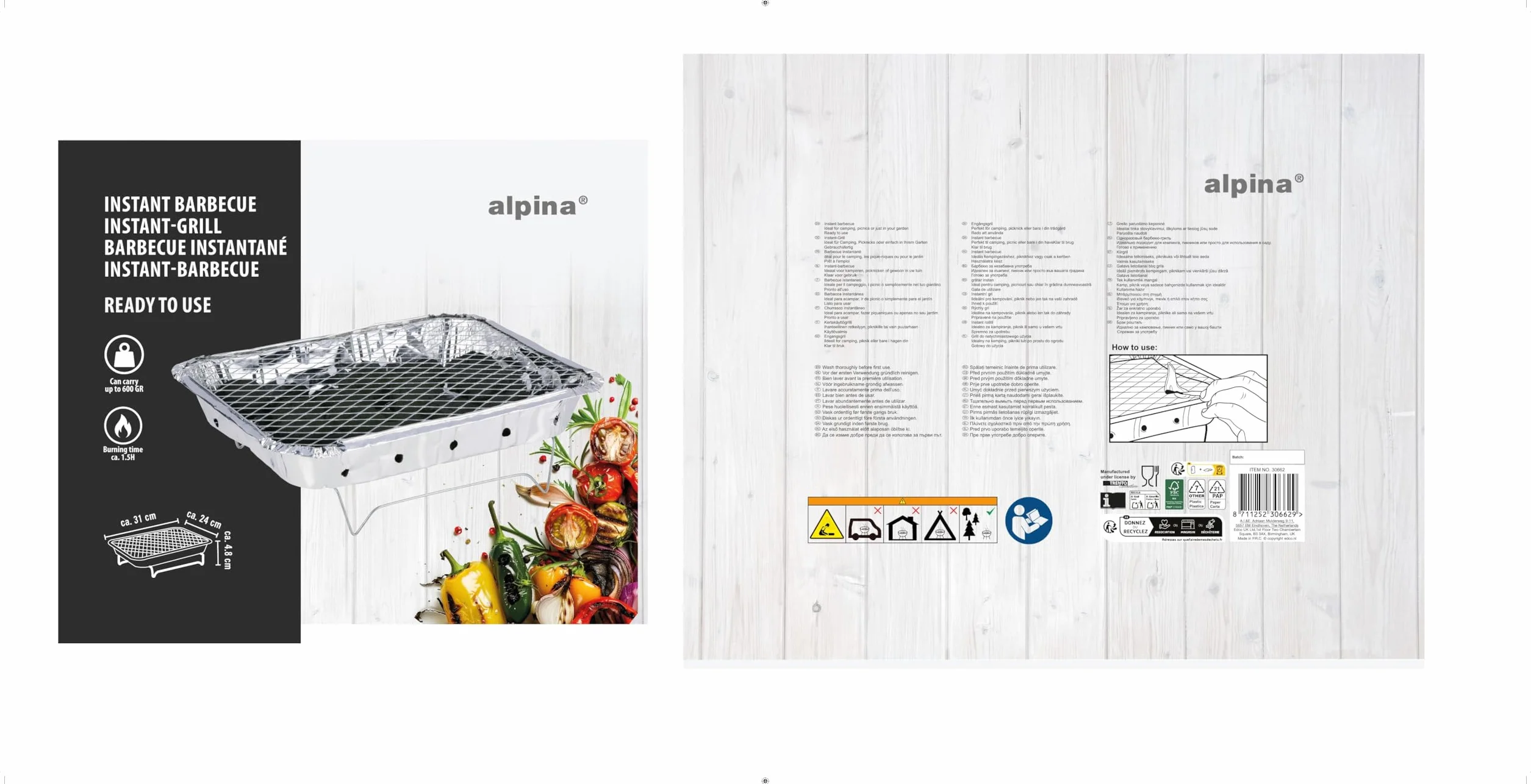 Alpina Jednorazowy grill na węgiel drzewny – gotowy do użycia – kompaktowy i przenośny – czas palenia ok. 1,5 godziny – z rusztem do grillowania – idealny w podróży