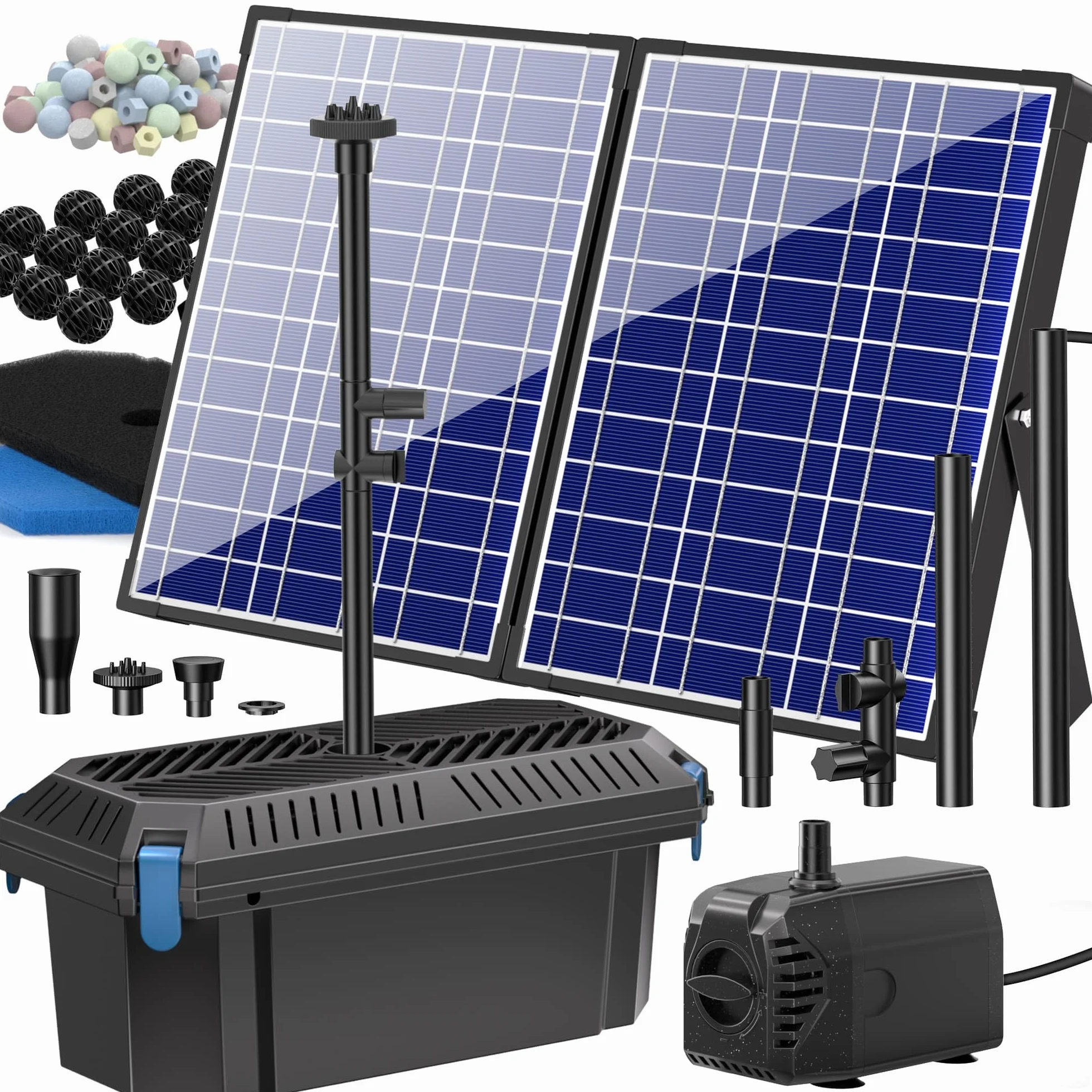 Billing solarny filtr do oczka wodnego 30 W z 4 dyszami – solarna pompa do stawu ogrodowego do 1200 l, biofiltr do stawu, do fontanny, mały staw rybny, do zabawy na zewnątrz, czysta woda bez kosztów