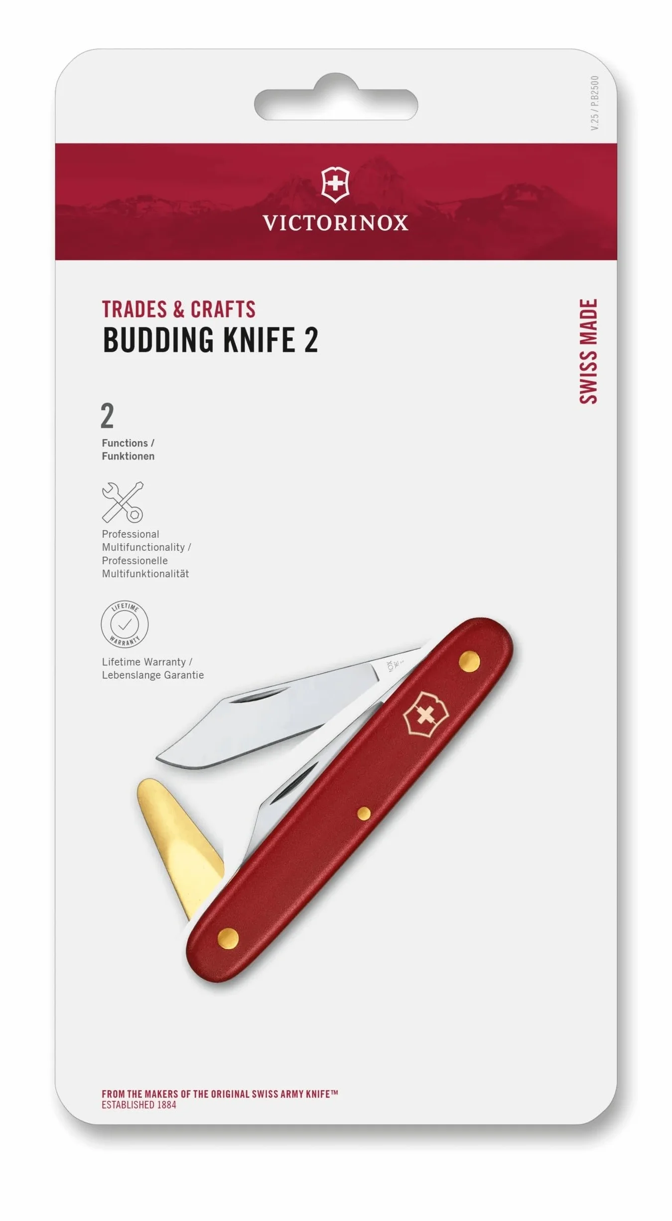 Victorinox Gartenmesser Okuliermesser für Gartenarbeiten, Rostfreie Spitze Klinge, 50 mm, Messing-Rindenlöser, Rot