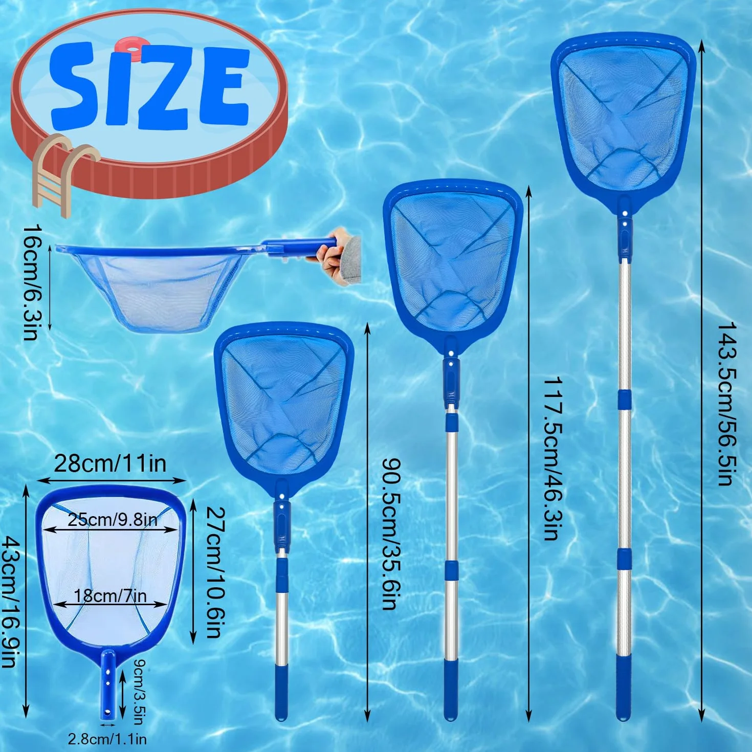 Skimmer podbierak do basenu, z drążkiem teleskopowym, do czyszczenia basenu, podbierak do jacuzzi, spa, brodzika, stawu (145 cm)