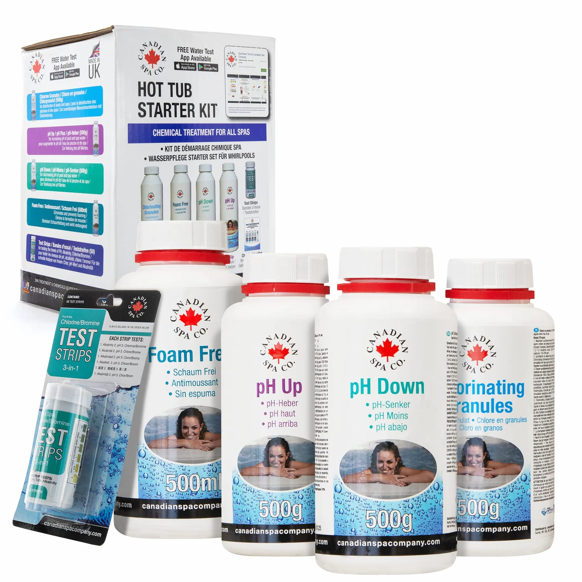 CANADIAN SPA CO. Zestaw startowy do basenu do pielęgnacji wody 5-częściowy z granulatem chloru, środkiem do usuwania piany, środkiem podnoszącym i redukującym pH zestaw do pielęgnacji basenu