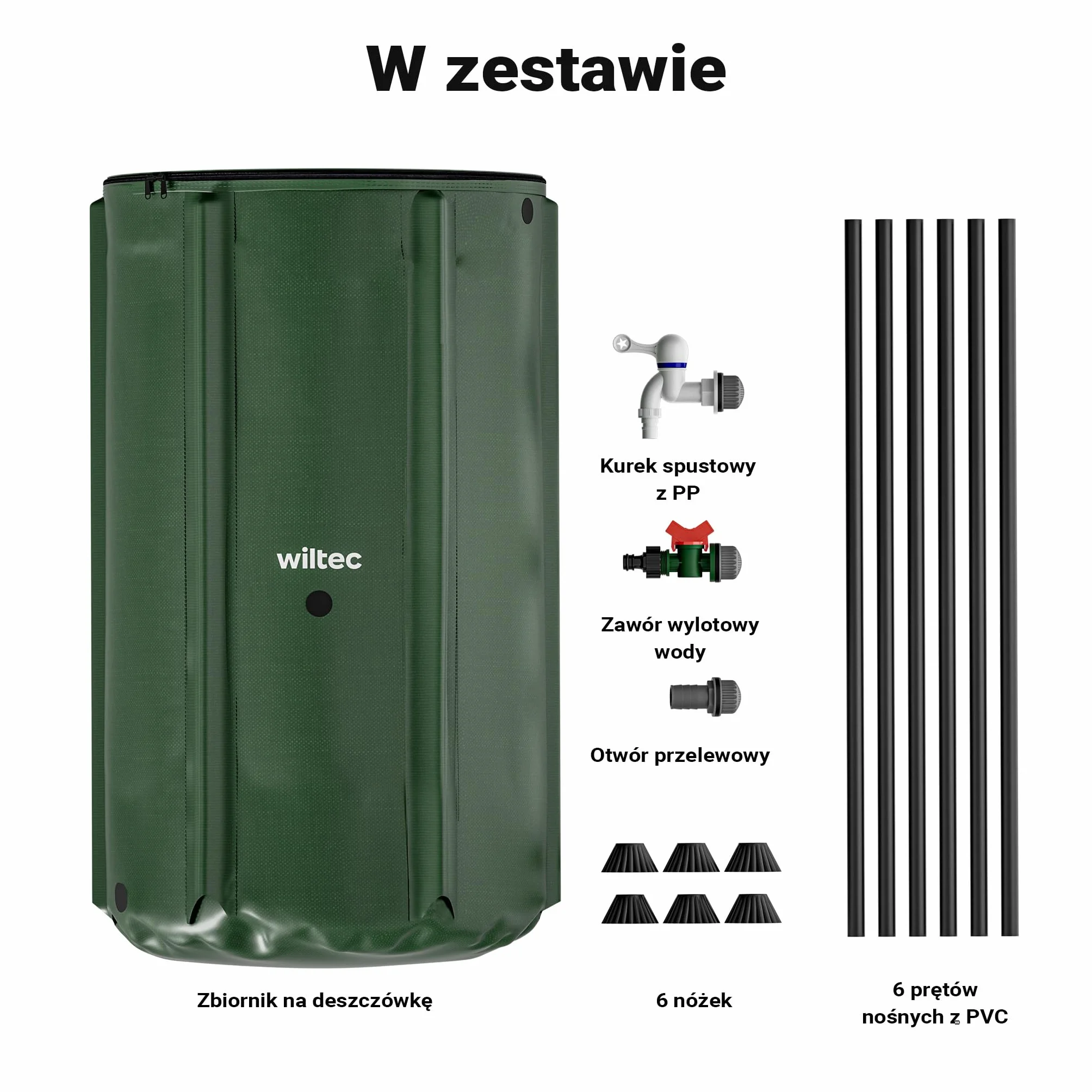 Wiltec Zbiornik na deszczówkę o pojemności 250 l, średnicy 60 cm i wysokości 88 cm, z pokrywką i kranem, beczka składana z tkaniny PVC 1000D na wodę