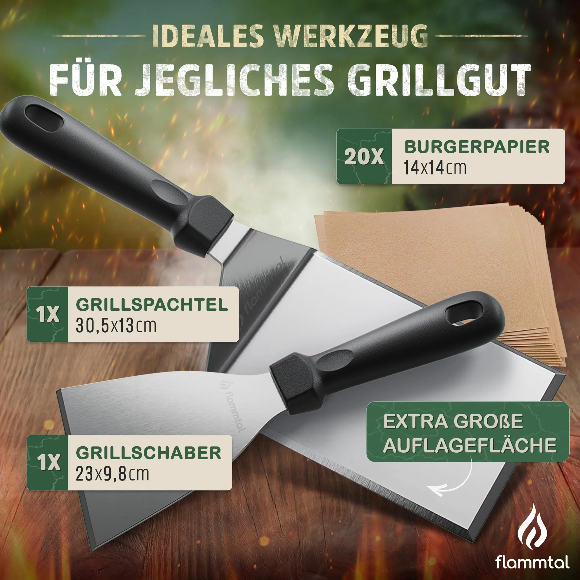 flammtal Smash Zestaw do burgerów, 20 sztuk papieru do hamburgerów, zestaw szpatułek do grilla ze stali nierdzewnej, wysokiej jakości szpatułka Plancha, nadająca się do mycia w zmywarce, do akcesoriów