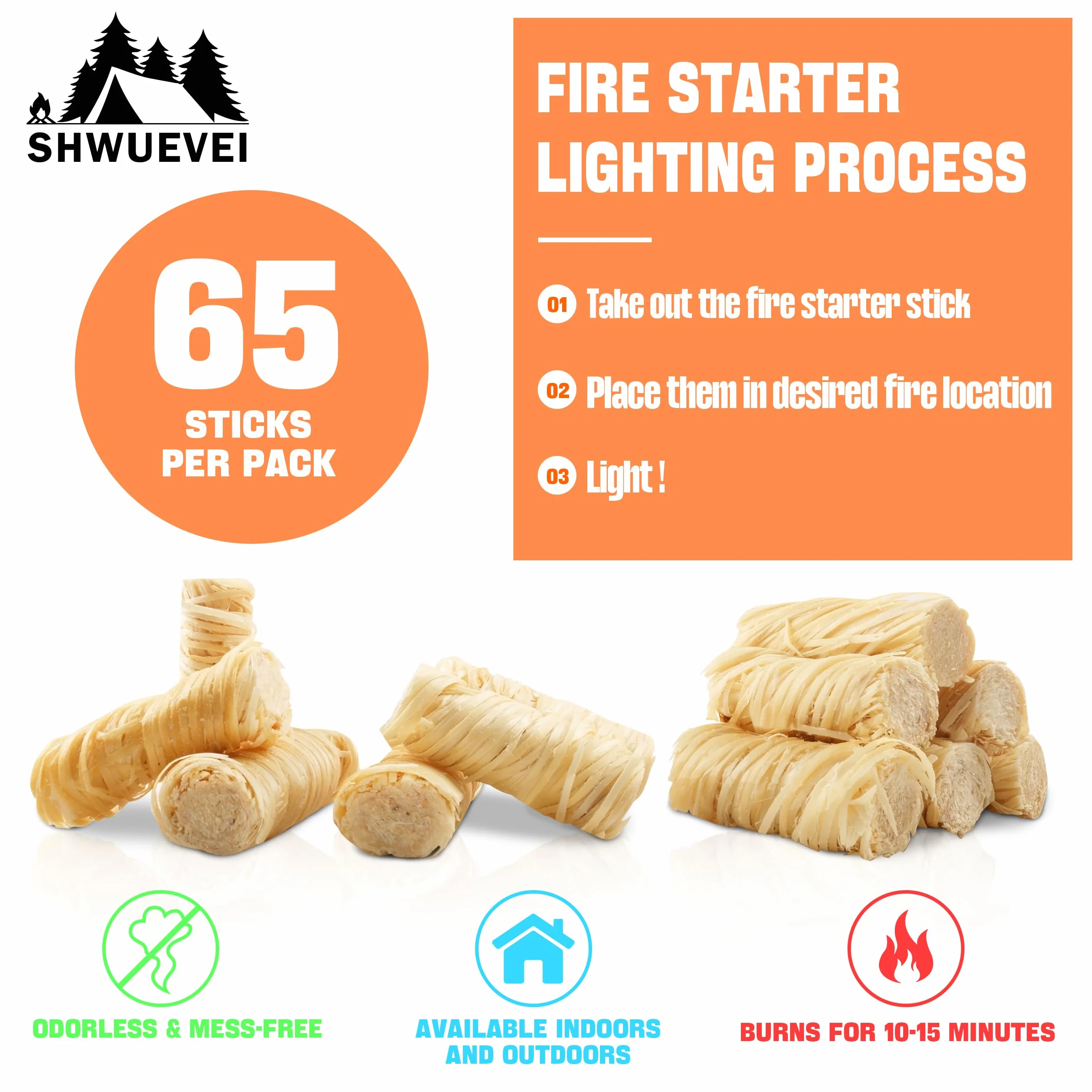 Natural Fire Starters 65 pcs for Fireplace, Pellet Stove, Wood, Fire Pit, BBQ