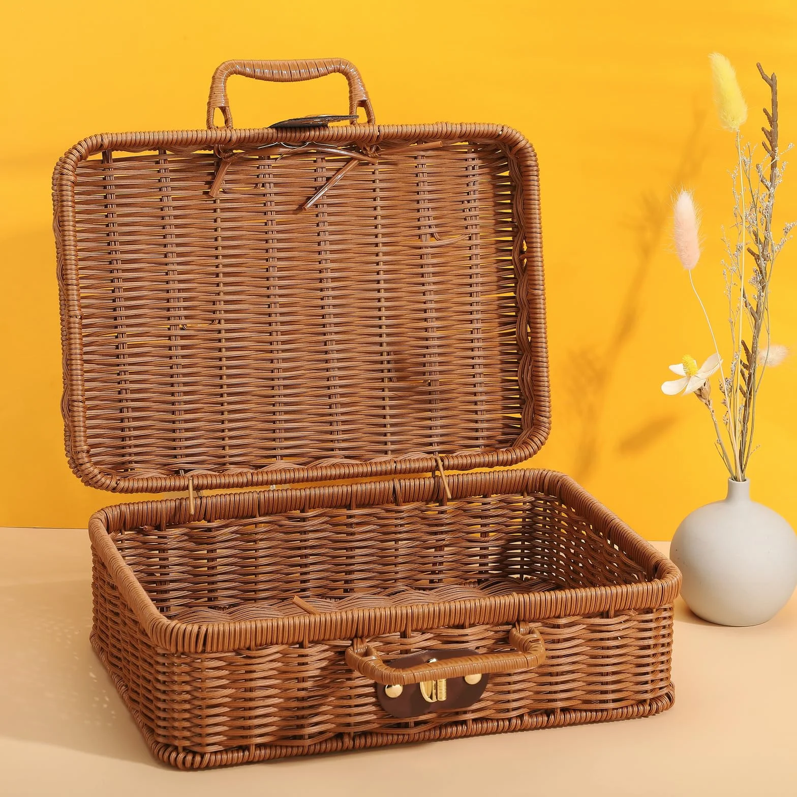 Rattanowy Kosz do Przechowywania Walizek Wiklinowy Retro Ręcznie Tkany z Uchwytami 29,5 x 21 x 12 cm