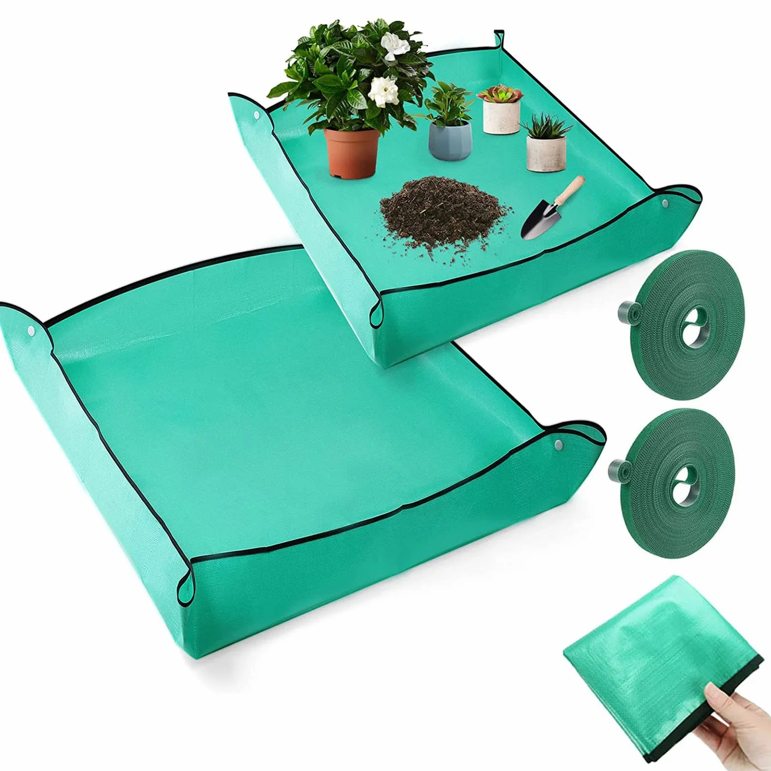 2 Stück 100 x 100cm Pflanzmatte Faltbare mit 1cm x 10m Pflanzenbinder(2 Rolle) für Gartenbaubepflanzung, wasserdichte Gartenmatte, Verstellbare Gartenarbeitsmatte