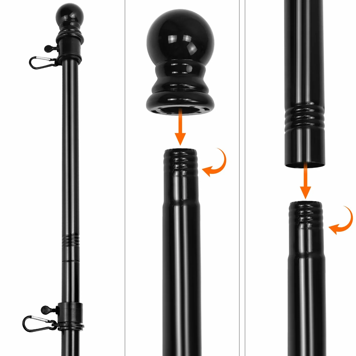 QWORK® Nieplączący się zestaw masztu flagowego – 1,8 m, metalowy maszt flagowy z uchwytem ściennym, nakładką kulkową i pierścieniami obrotowymi o 360°, do użytku na zewnątrz, domu, ogrodu,