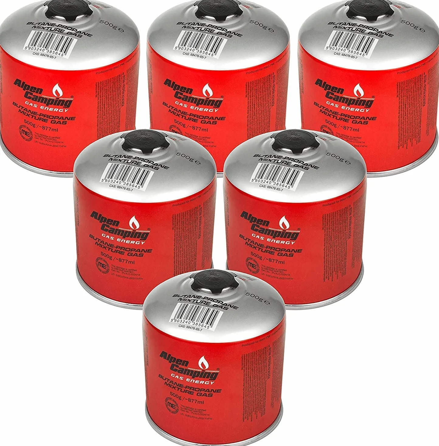 Alpen Camping IK008 6 x 877 ml / 500 g kartusze gazowe z propan-butanem z przyłączem 7/16" do kuchenek gazowych, kuchenek kempingowych, palników lutowniczych Bunsena, EN417 (6)