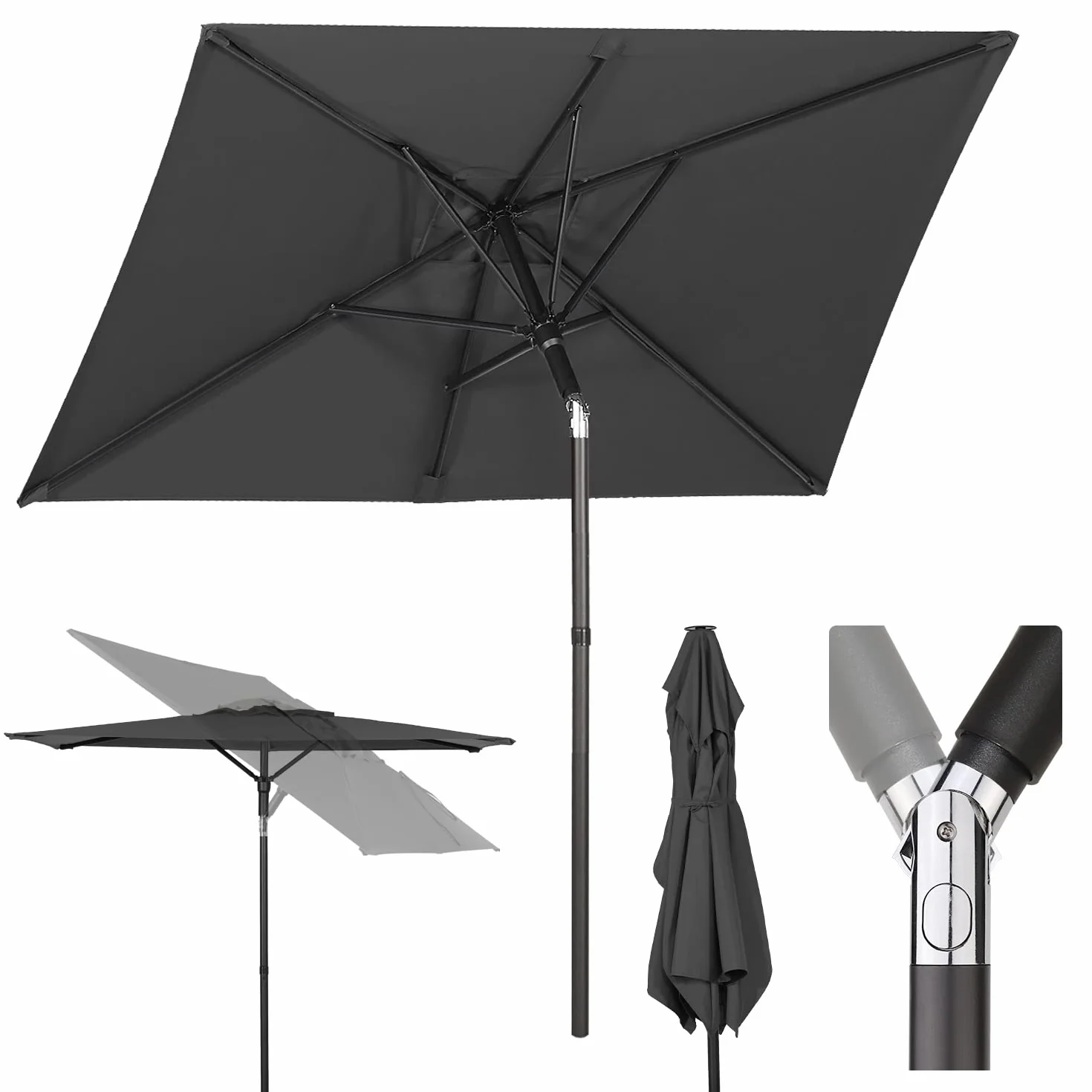 Sekey® Parasol przeciwsłoneczny na balkon, taras i do ogrodu, odporny na wiatr, przechylany, szary, UPF 50+, prostokątny, 180 x 130 cm